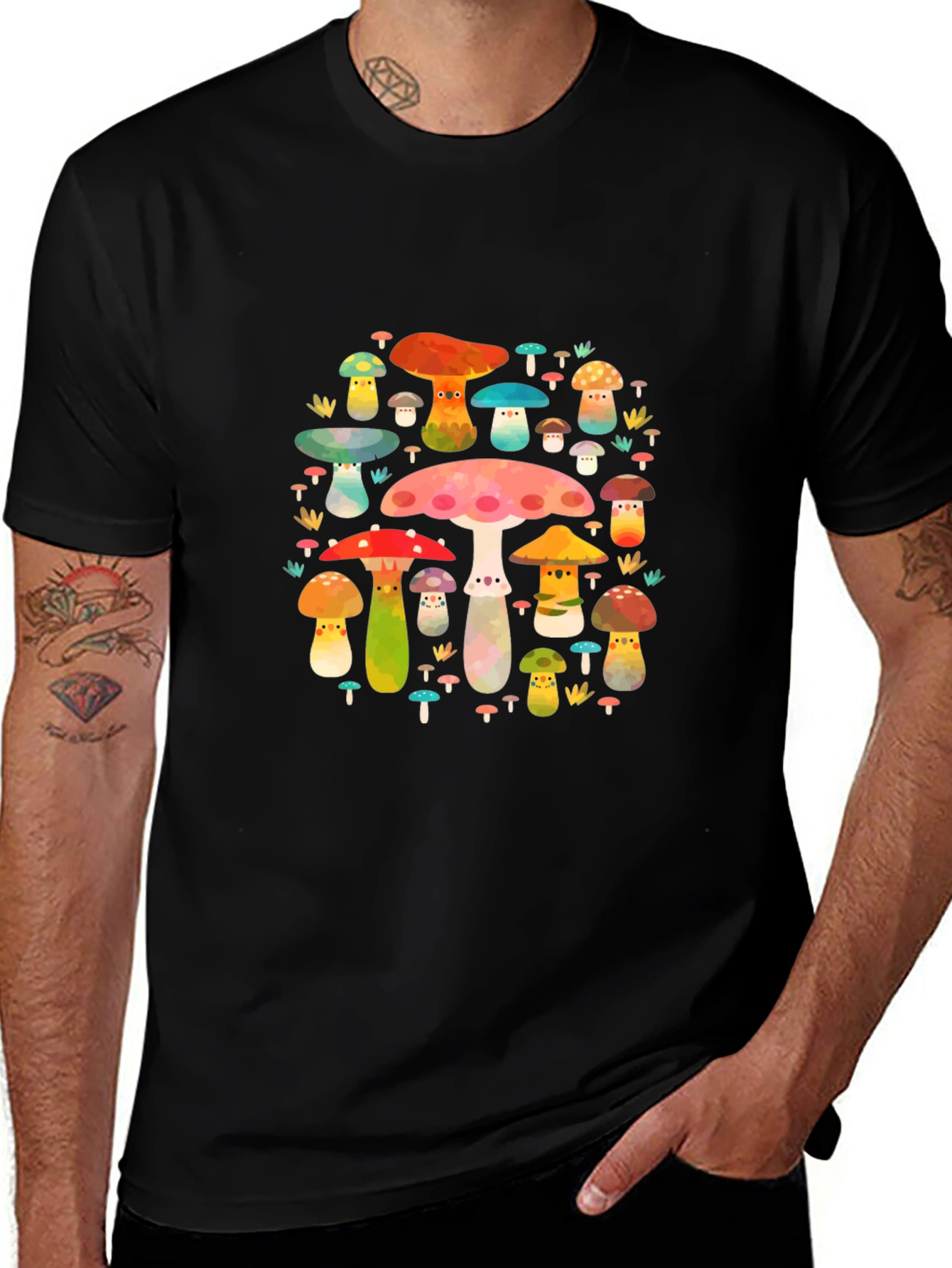 Mushroom Print Black T-Shirt