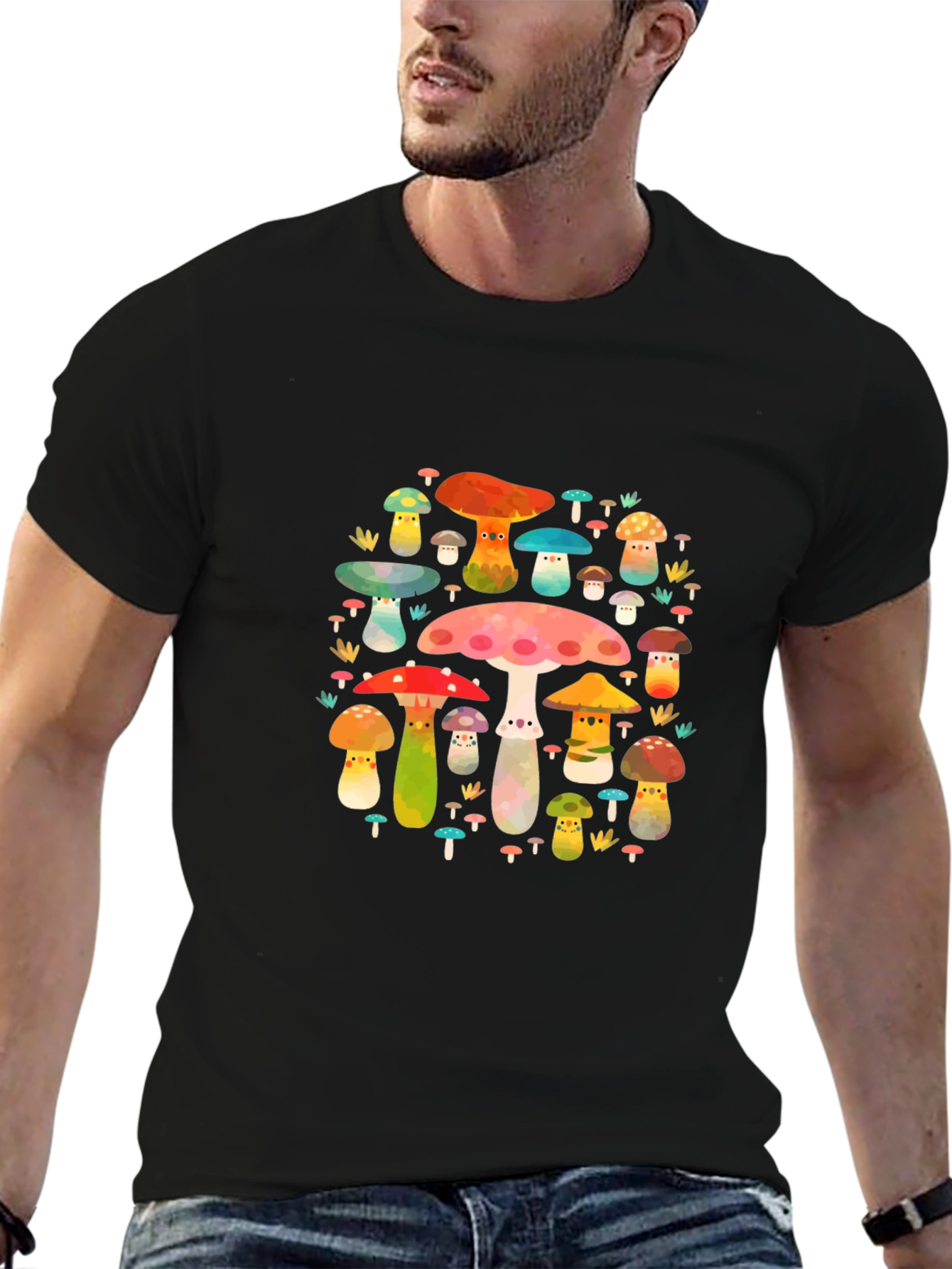 Mushroom Print Black T-Shirt