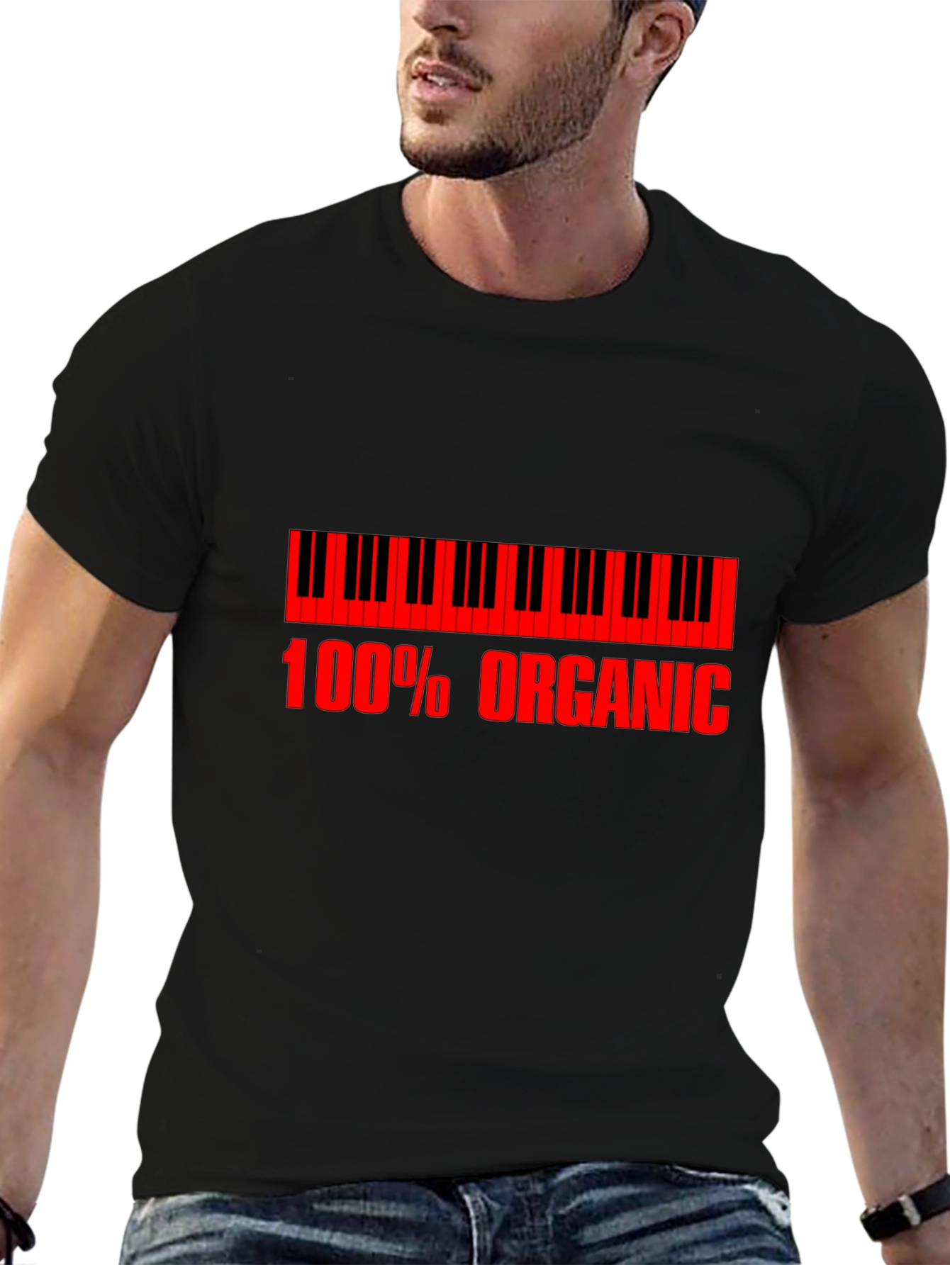 Organic Piano T-Shirt - Red Print on Black