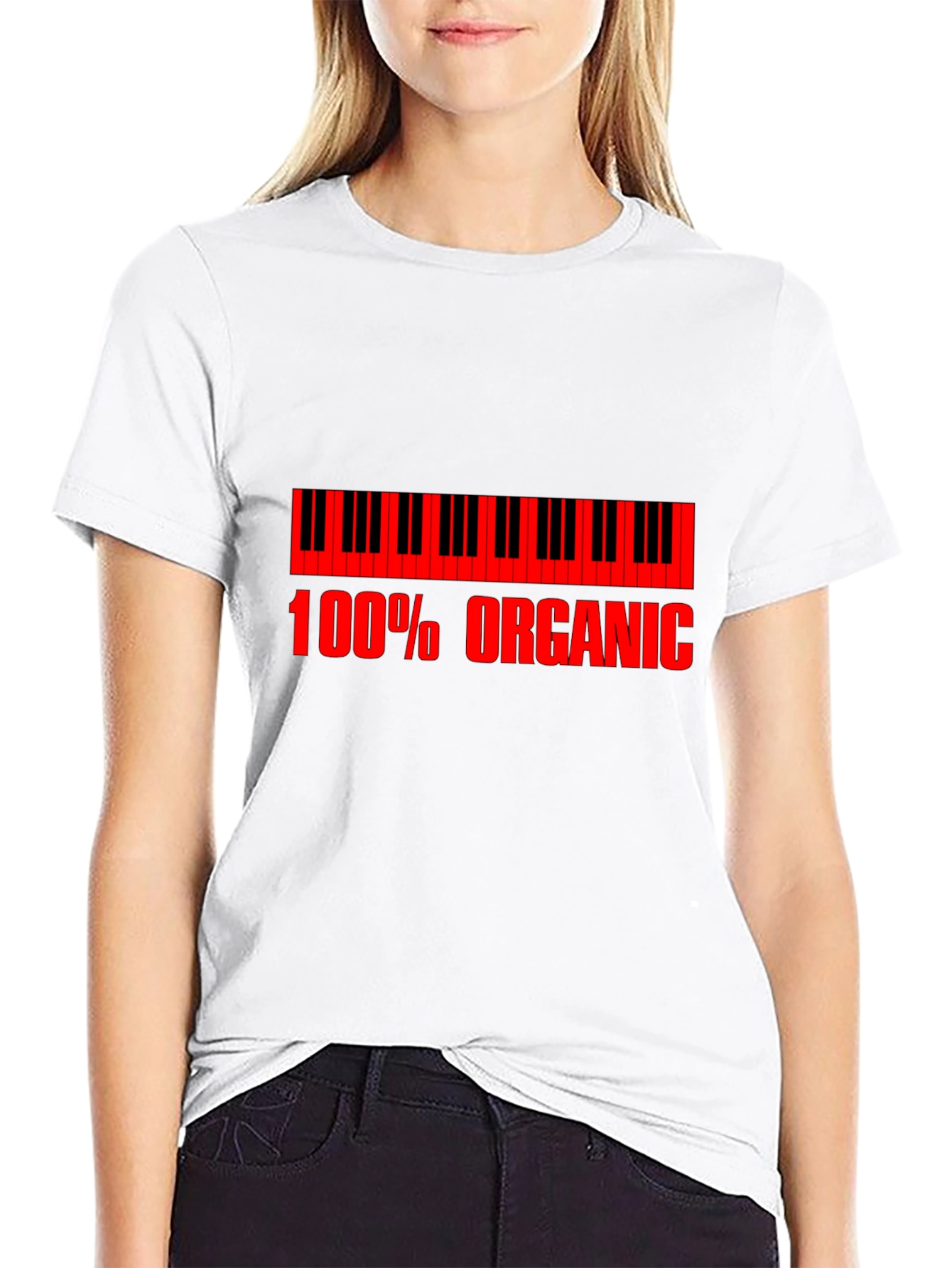 Organic Piano T-Shirt - Red Print on Black