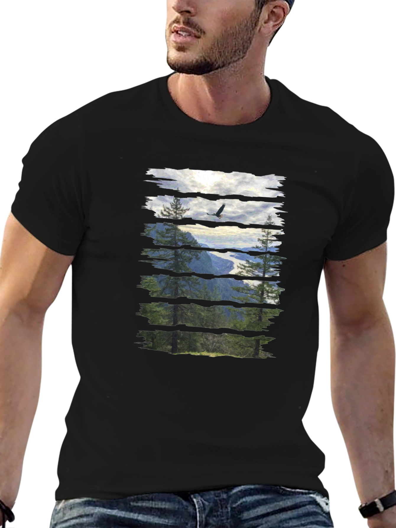 Nature View Graphic Tee - Black Cotton T-Shirt
