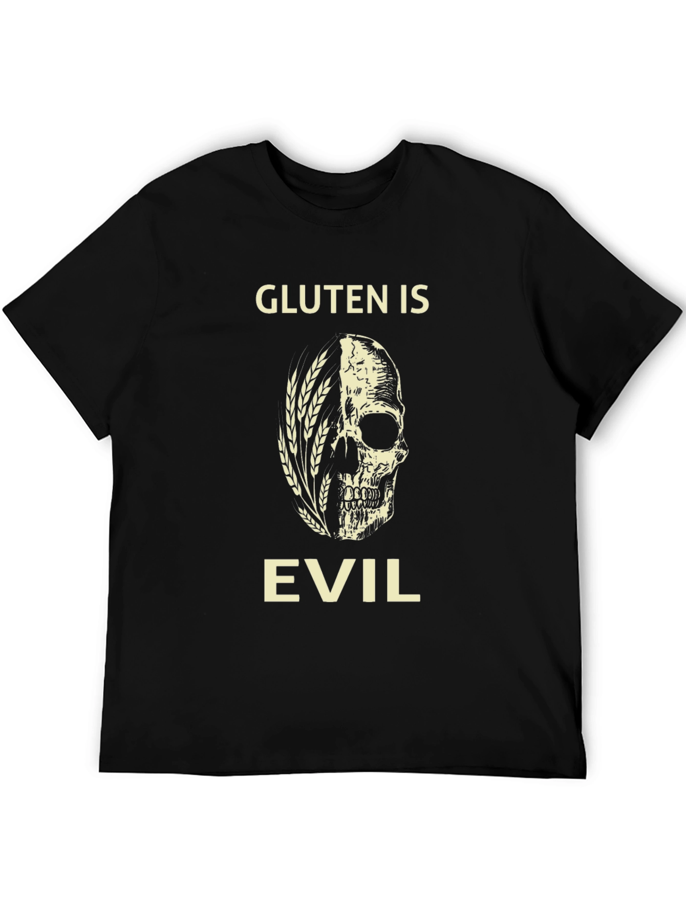 Gluten is Evil T-Shirt - Skull & Wheat Design