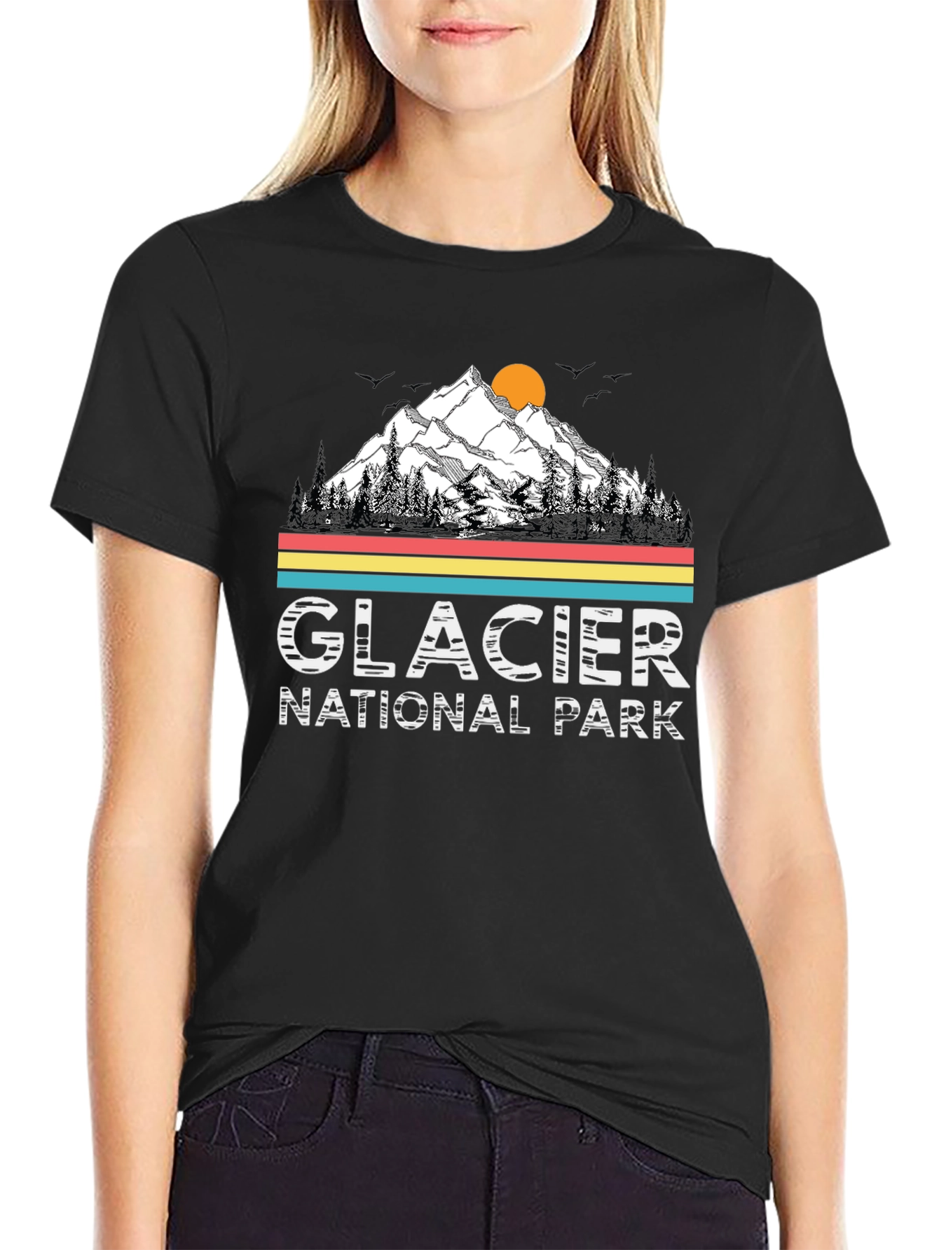 Glacier National Park Black T-Shirt - Mountain Scene