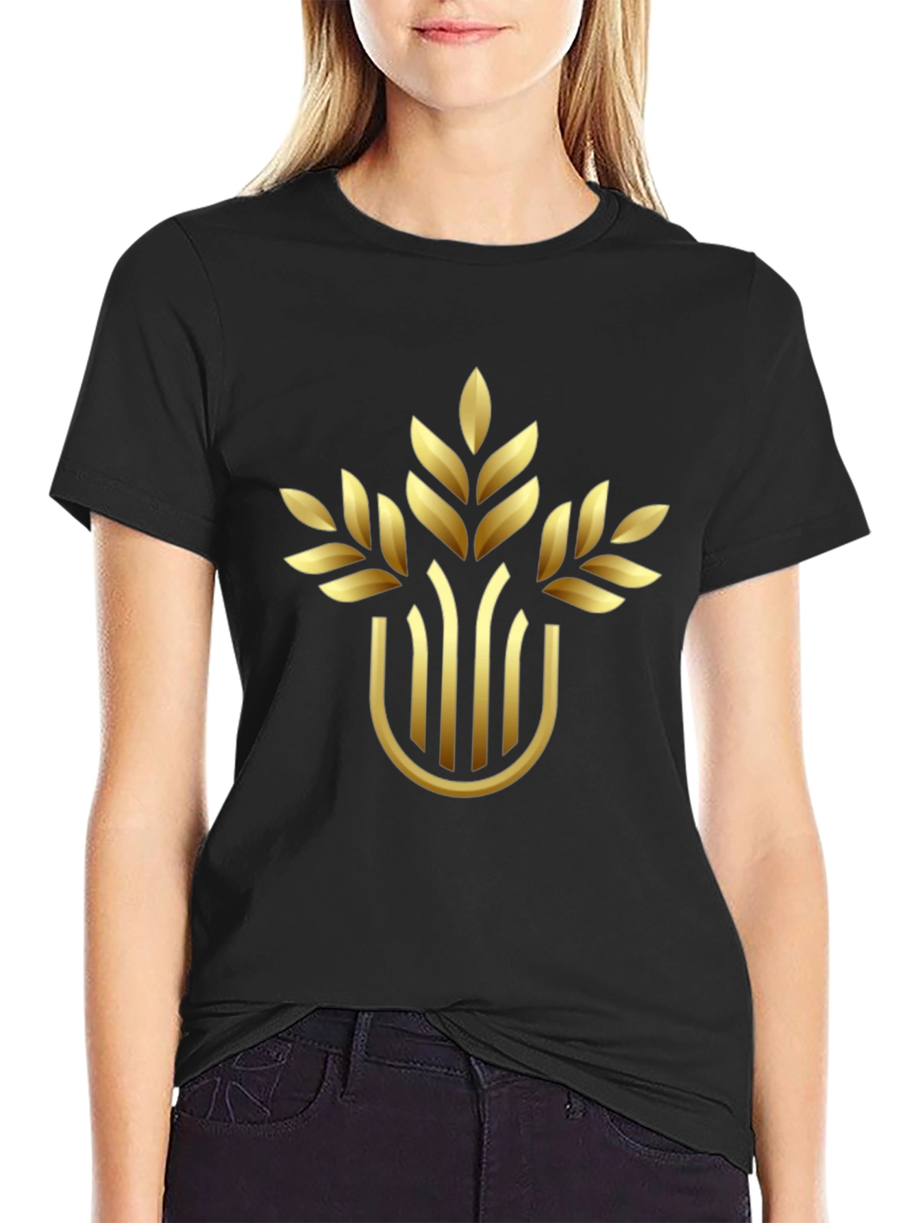 Elegant Gold Wheat Design Black T-Shirt
