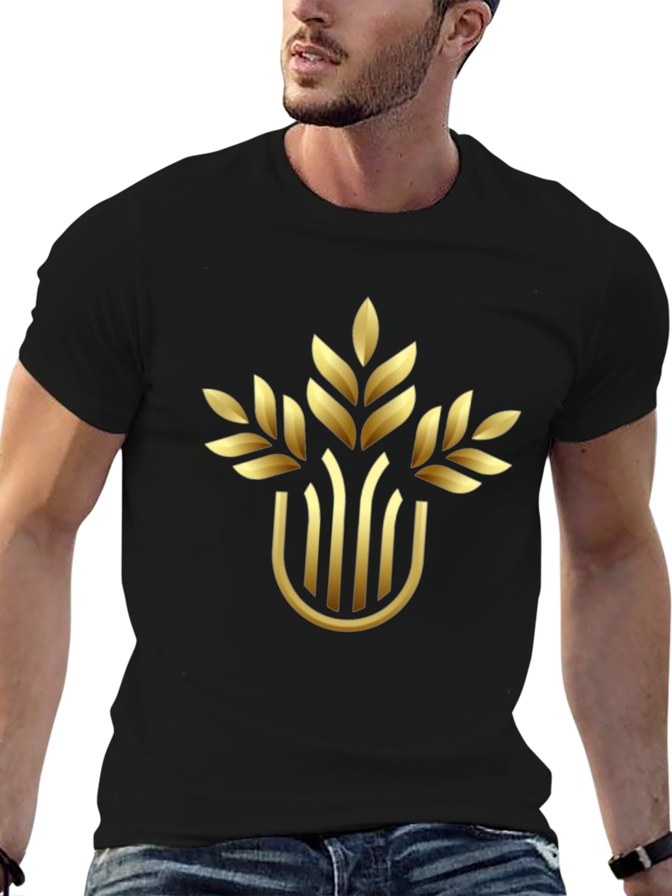 Elegant Gold Wheat Design Black T-Shirt