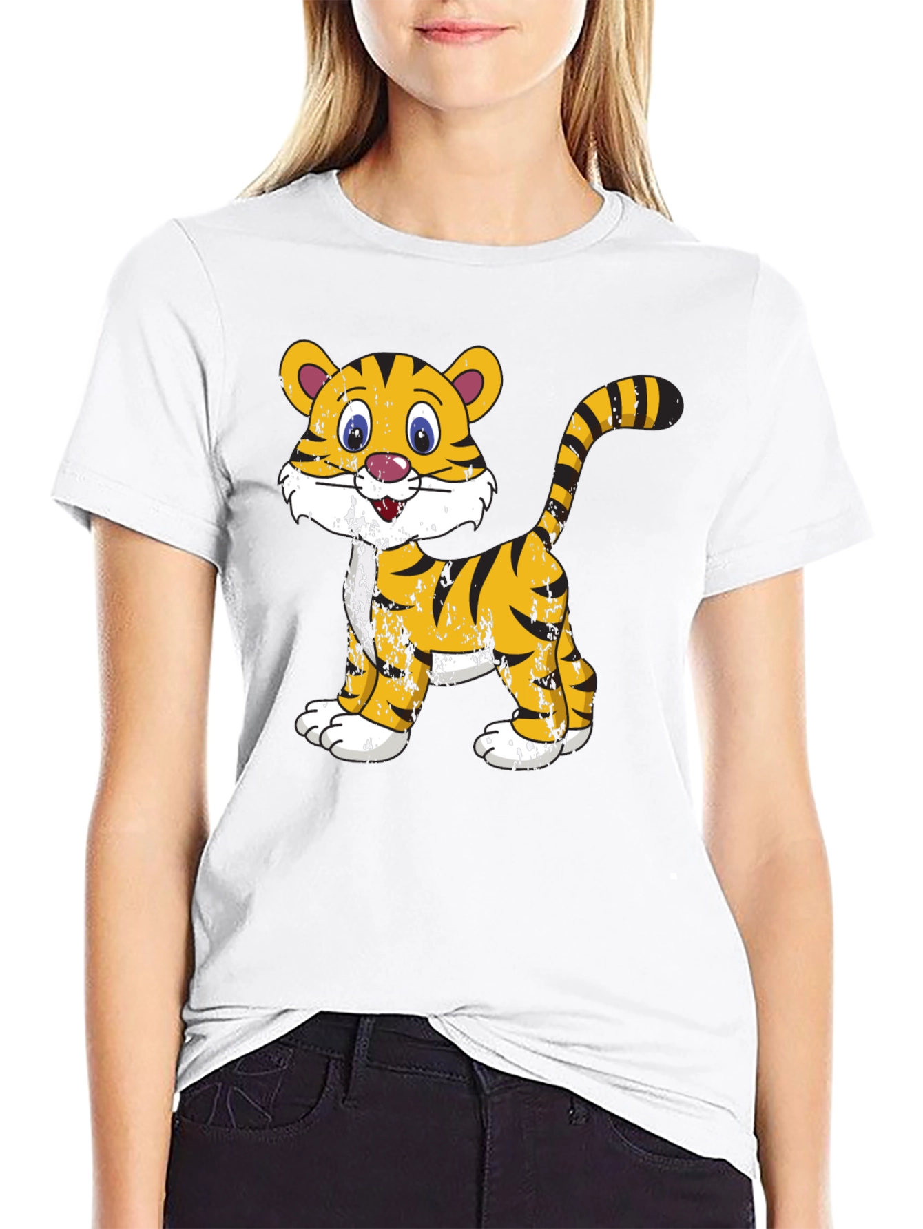 Cartoon Tiger Graphic T-Shirt - Black Cotton Tee