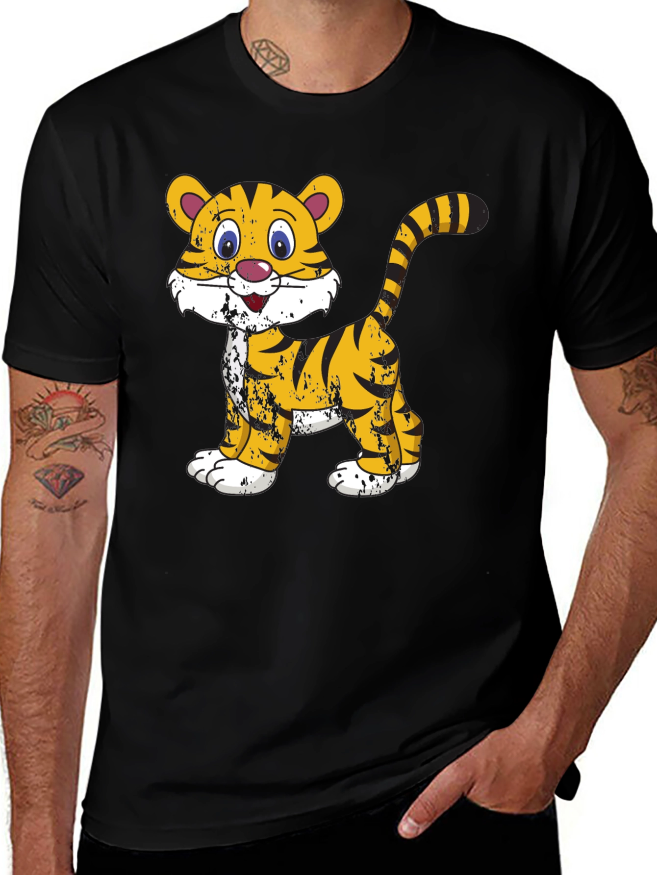 Cartoon Tiger Graphic T-Shirt - Black Cotton Tee