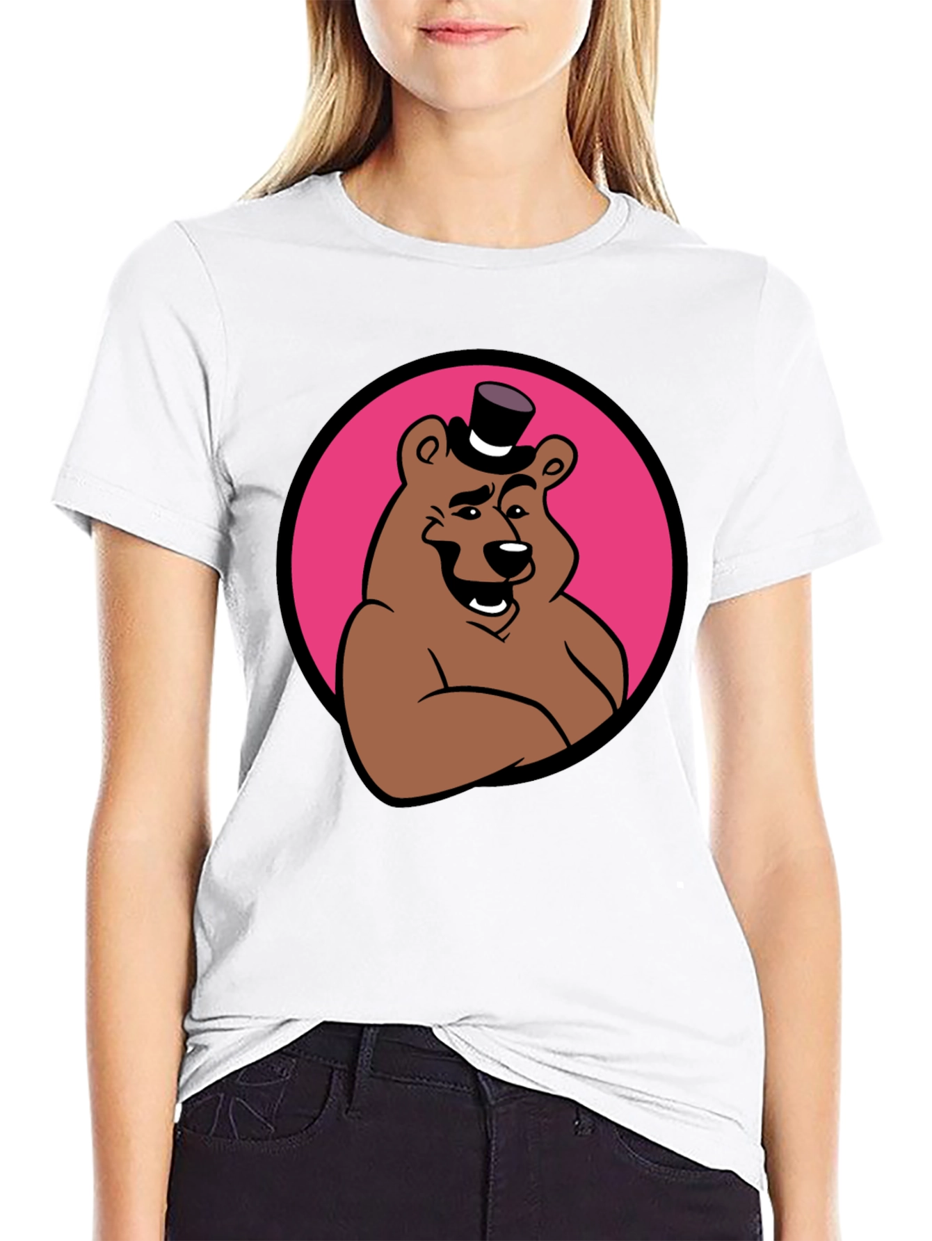 Cartoon Bear Graphic Tee - Black