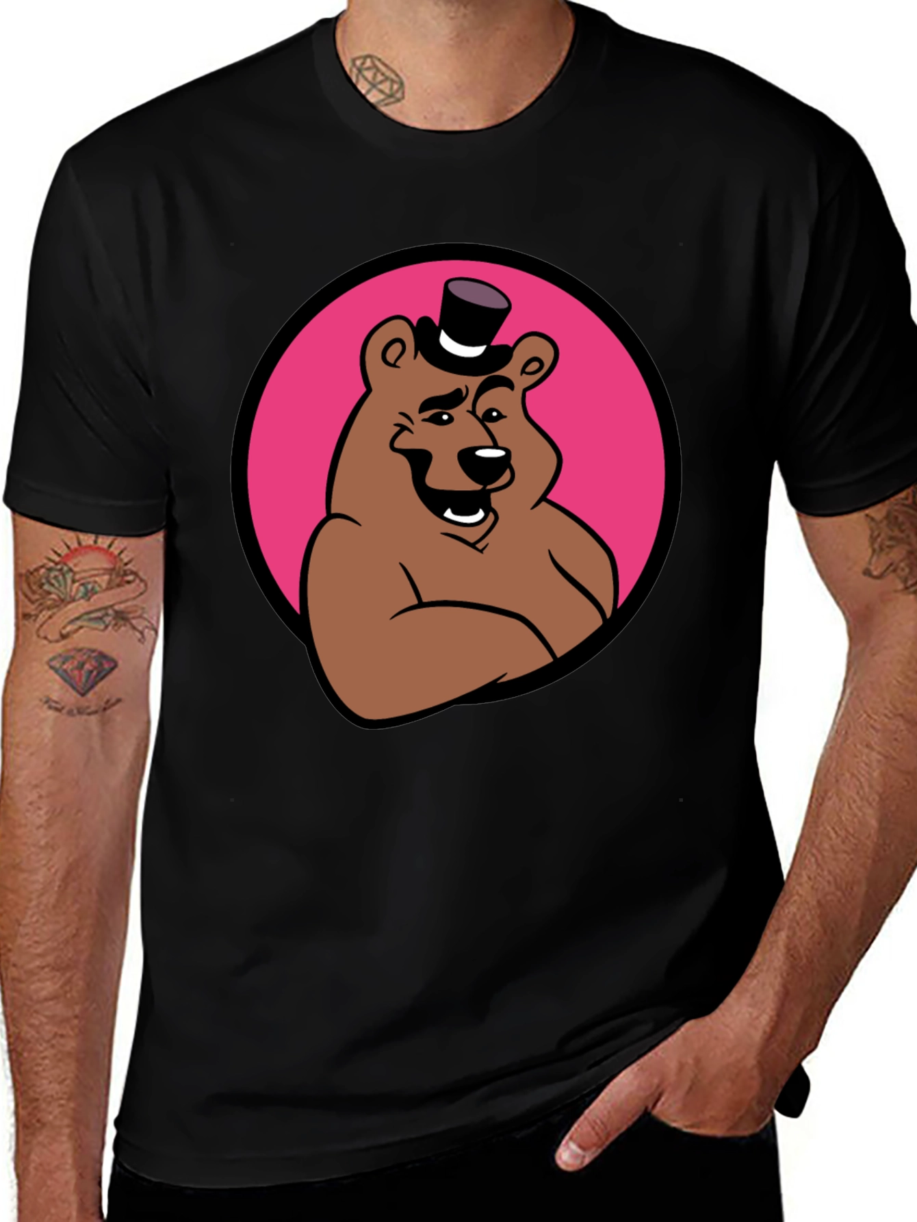 Cartoon Bear Graphic Tee - Black