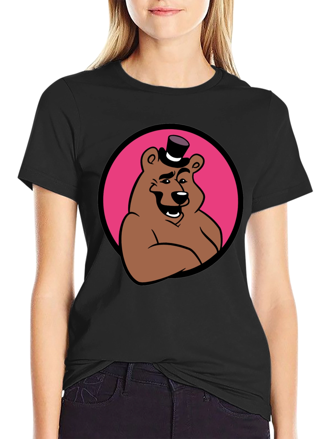 Cartoon Bear Graphic Tee - Black