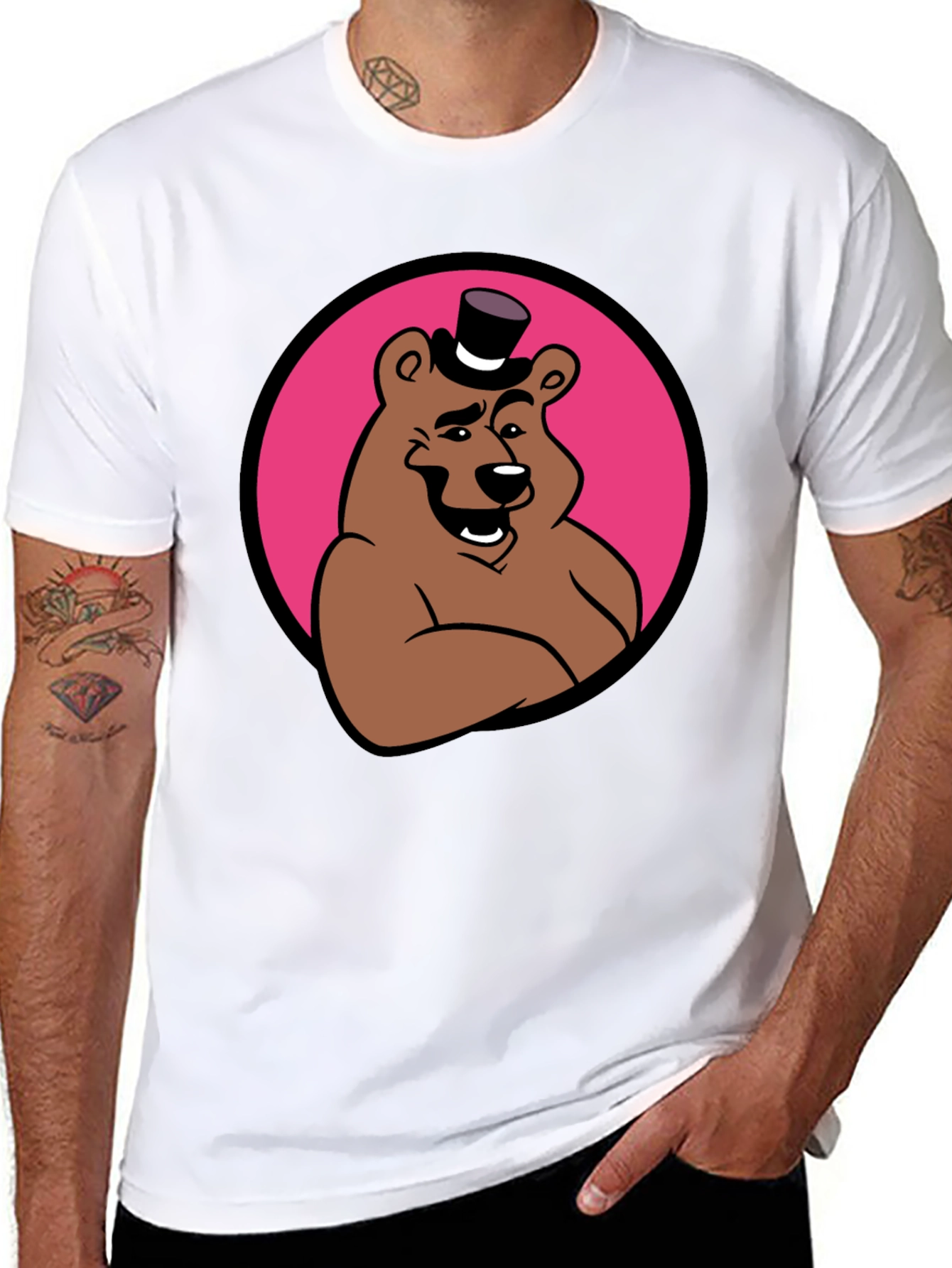 Cartoon Bear Graphic Tee - Black