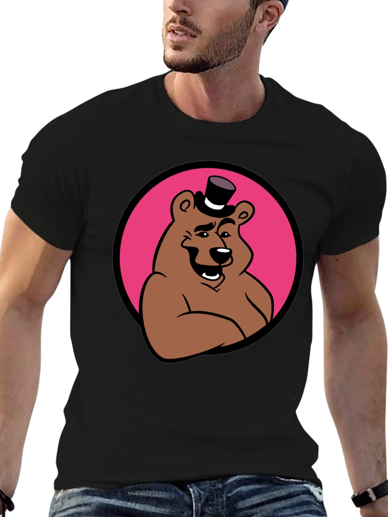 Cartoon Bear Graphic Tee - Black