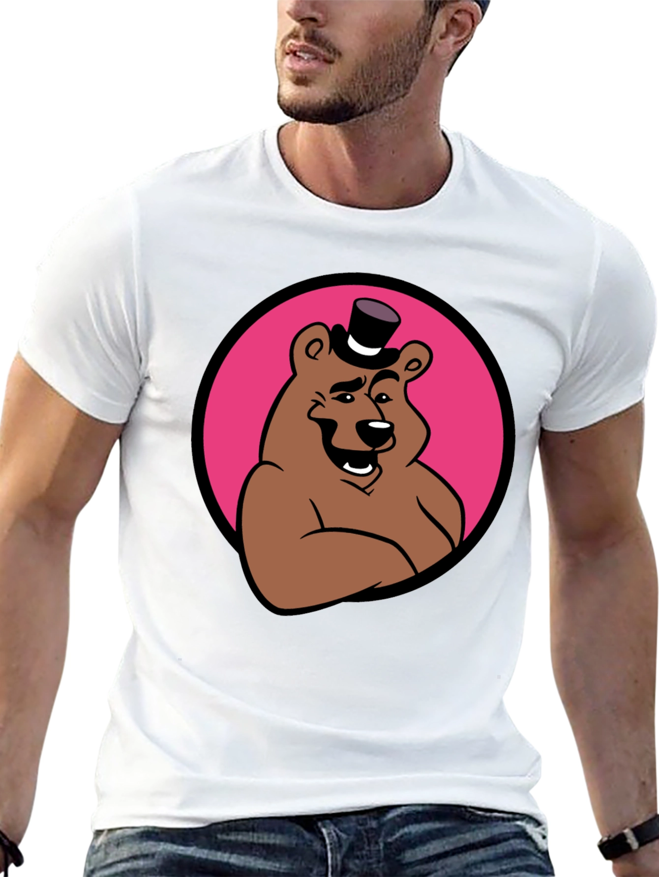 Cartoon Bear Graphic Tee - Black