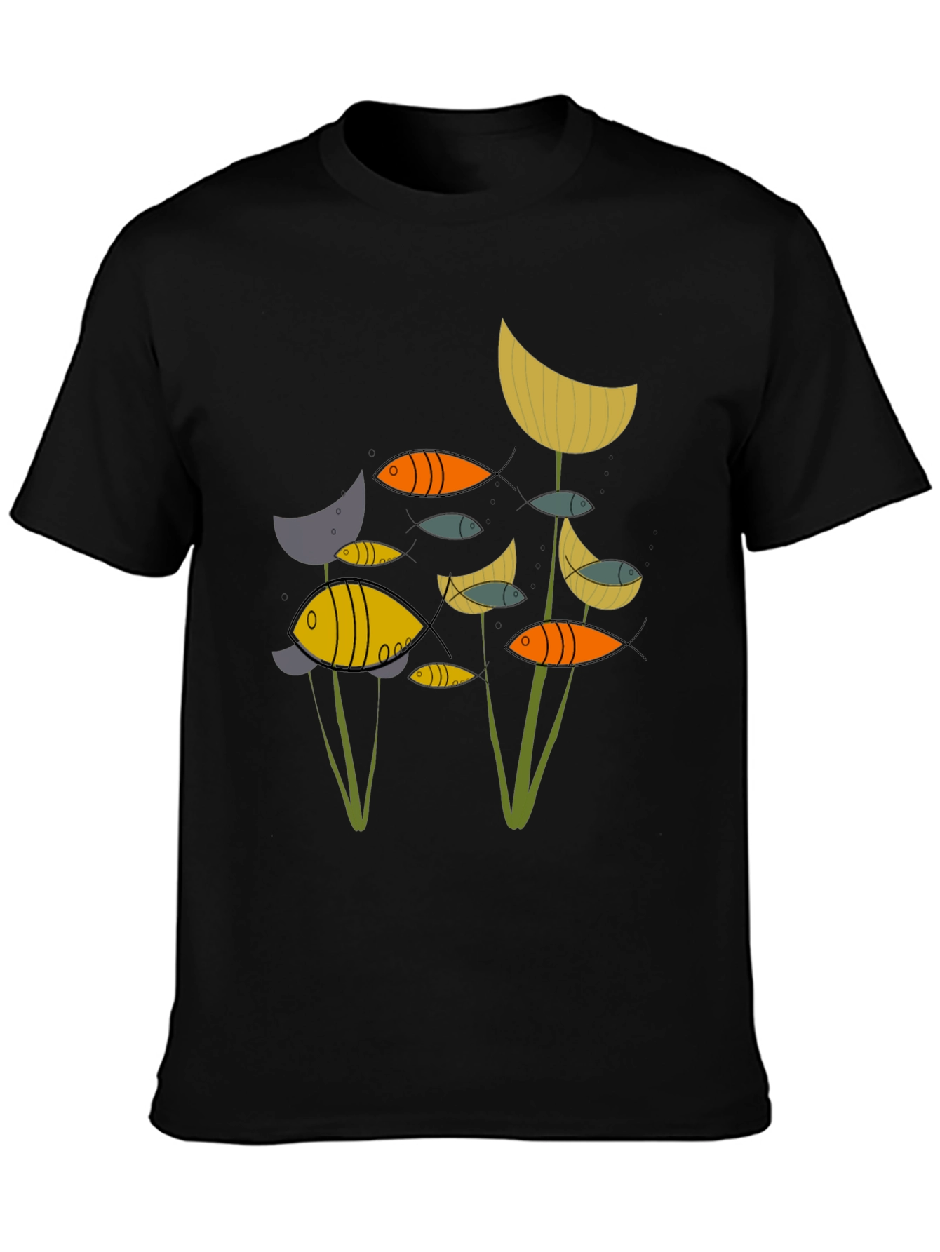 Abstract Fish Graphic Print Black T-Shirt