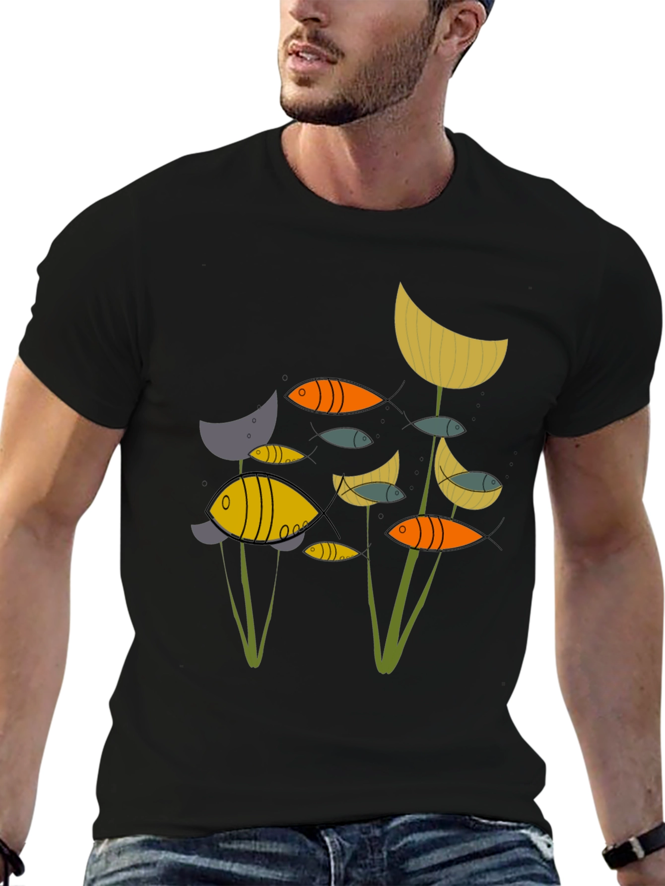 Abstract Fish Graphic Print Black T-Shirt