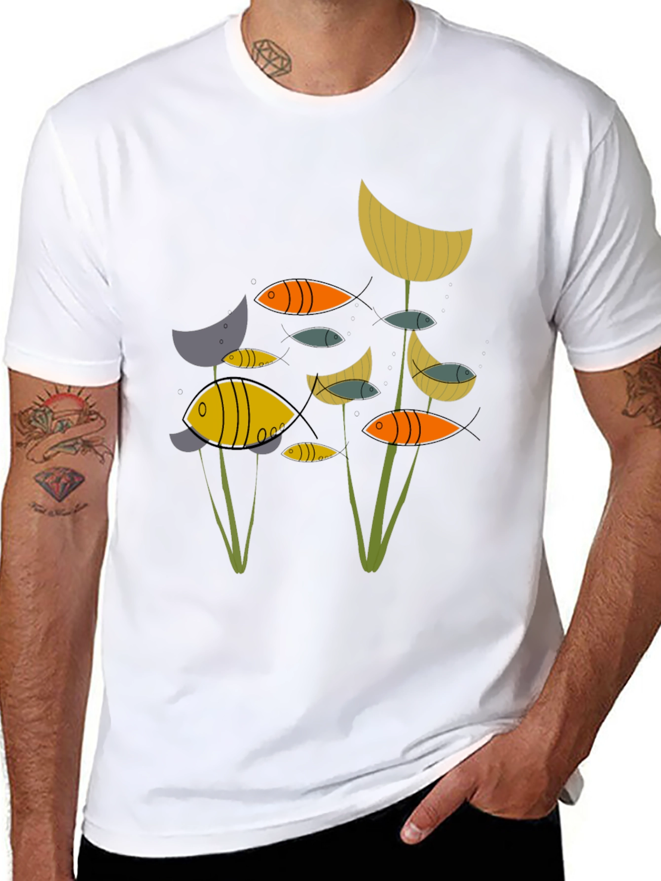 Abstract Fish Graphic Print Black T-Shirt