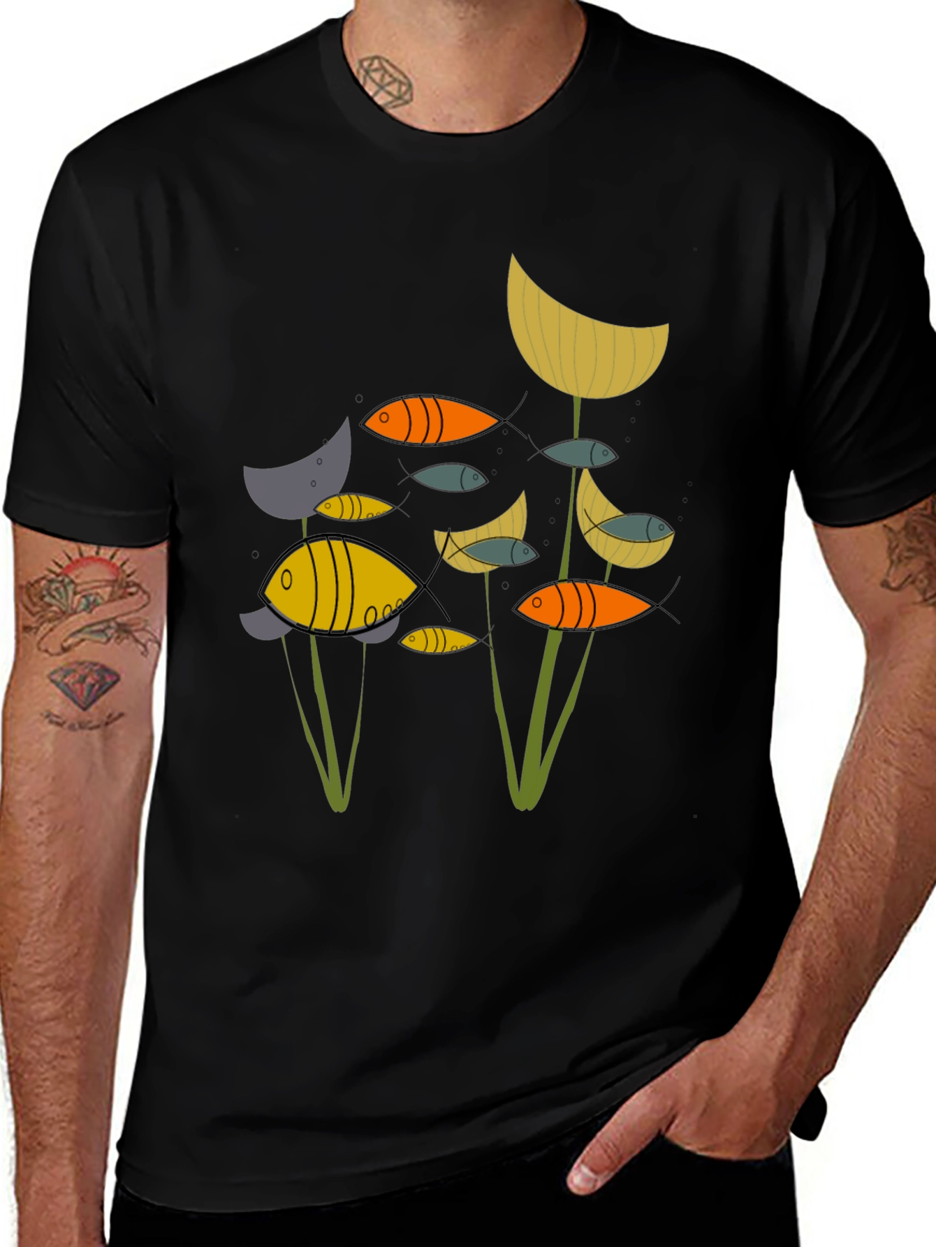 Abstract Fish Graphic Print Black T-Shirt