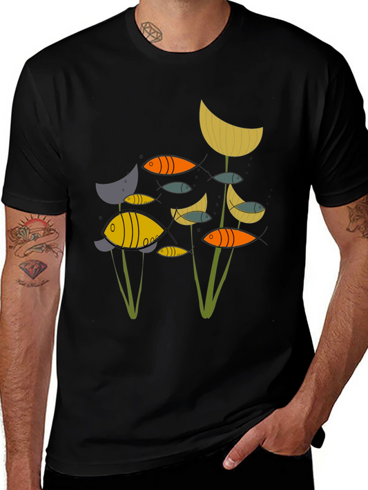 Abstract Fish Graphic Print Black T-Shirt