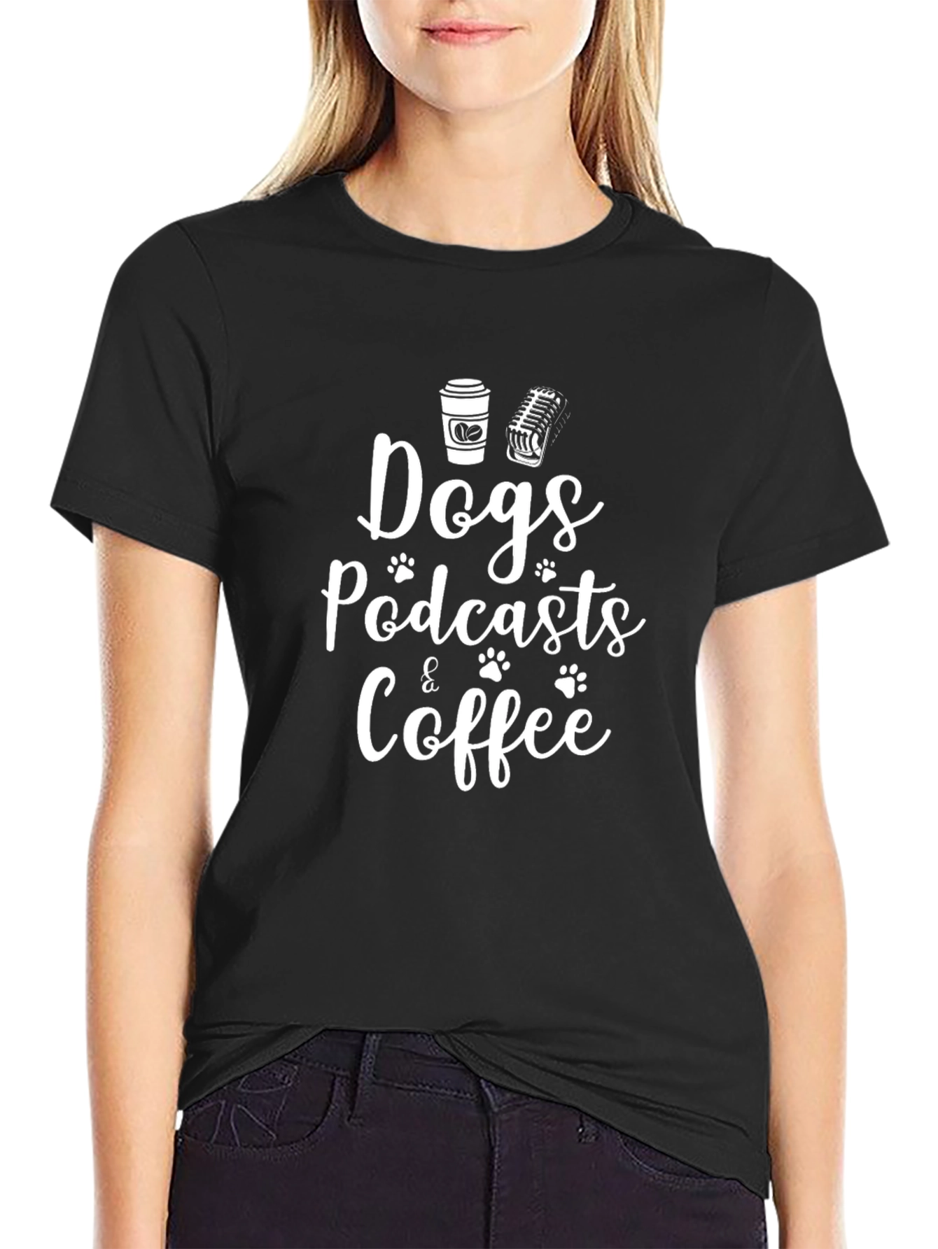 Dogs Podcasts & Coffee Black T-Shirt