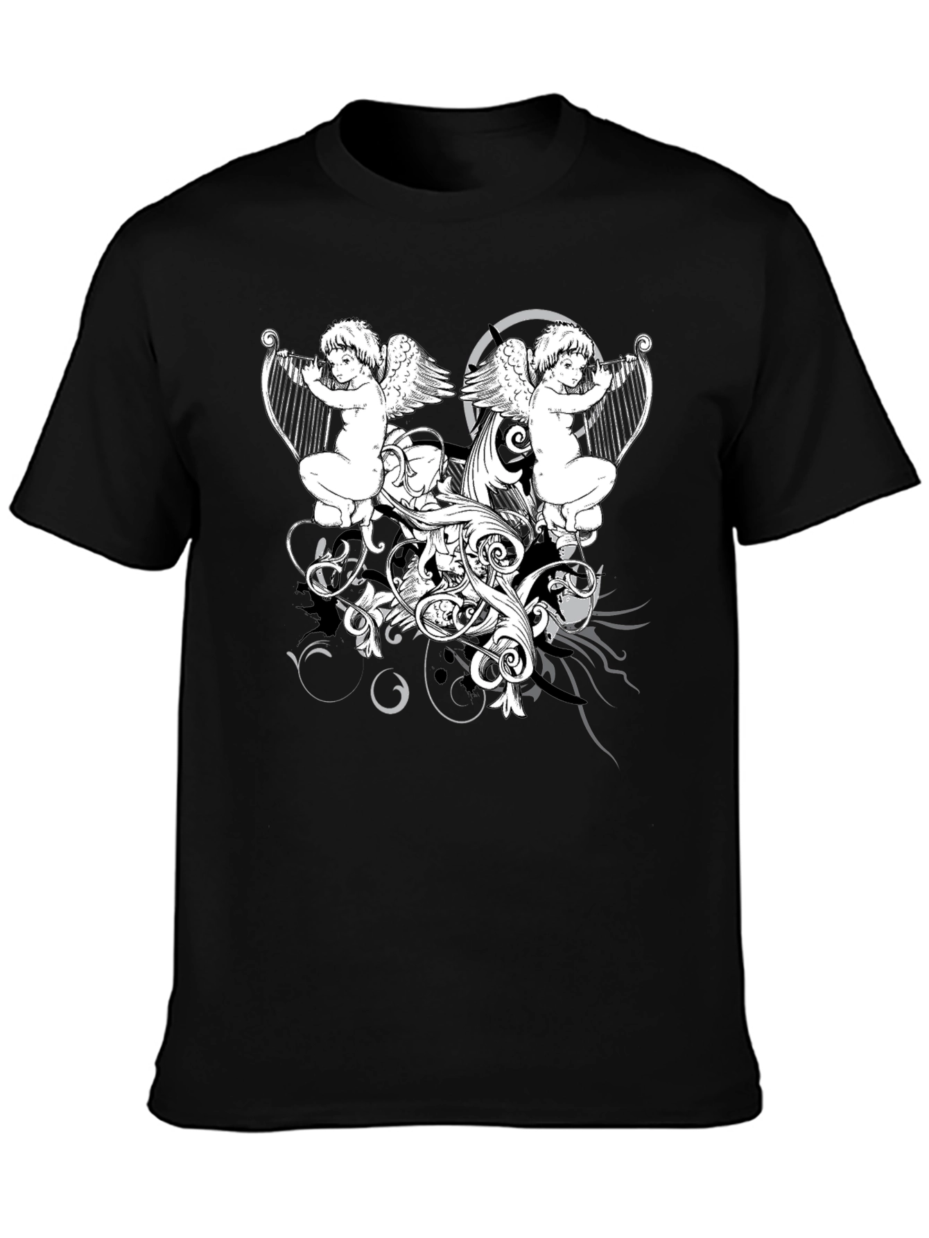Angelic Harpist Graphic Tee - Black Cotton Comfort