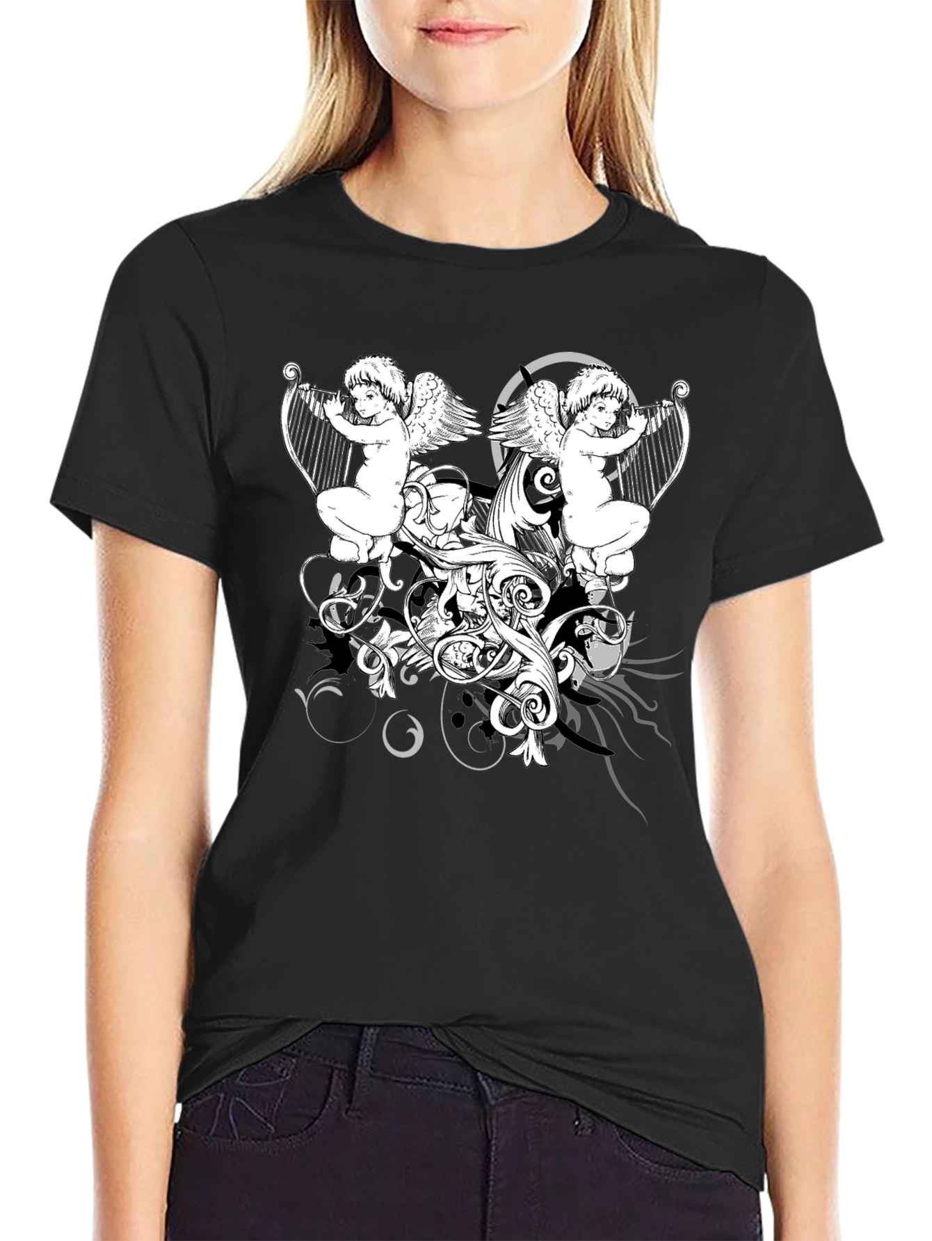 Angelic Harpist Graphic Tee - Black Cotton Comfort