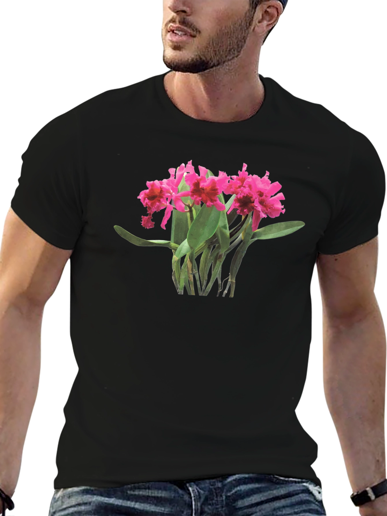 Orchid Print Black T-Shirt