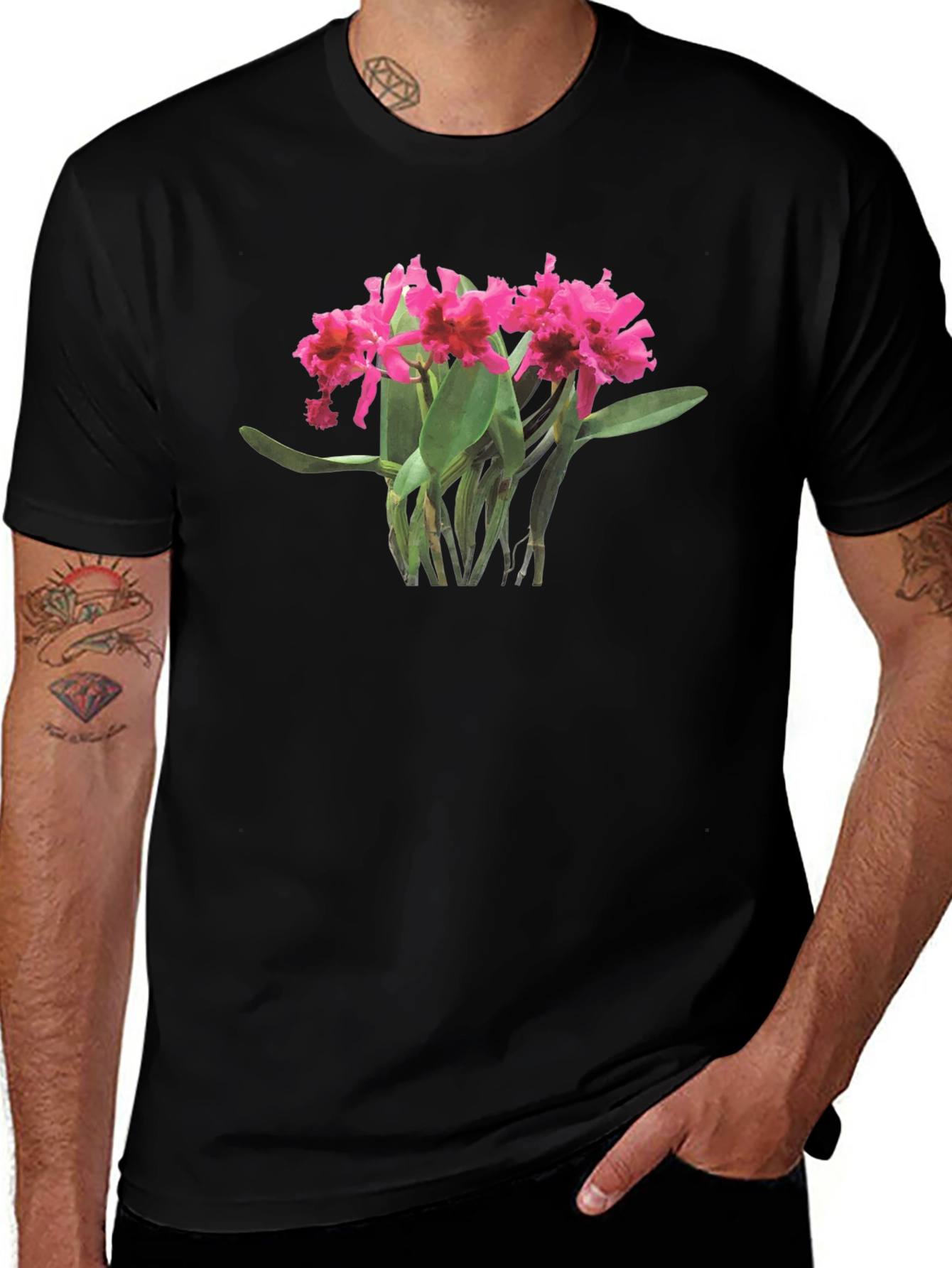 Orchid Print Black T-Shirt