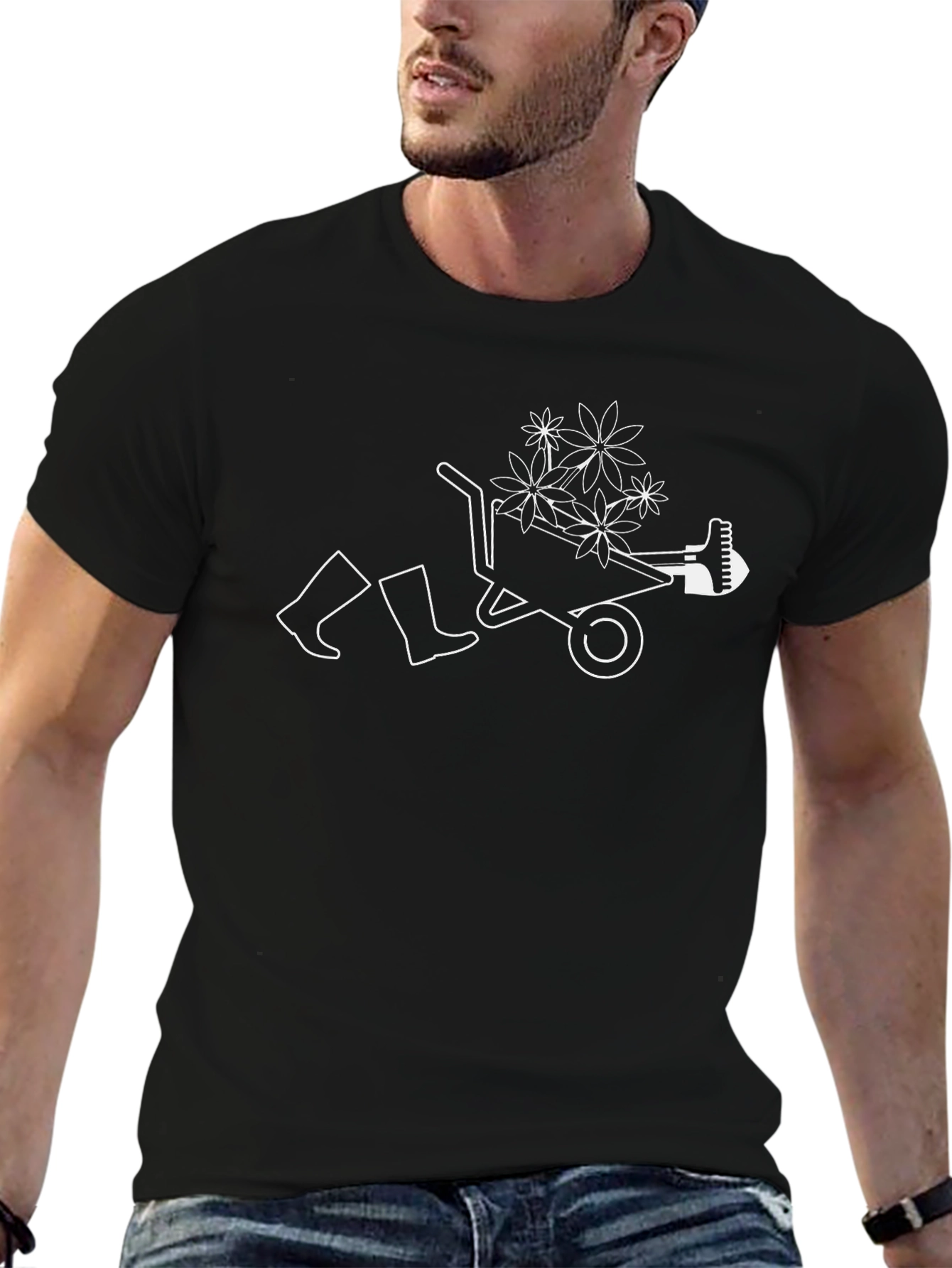 Gardening Humor T-Shirt - Wheelbarrow Boots & Flowers