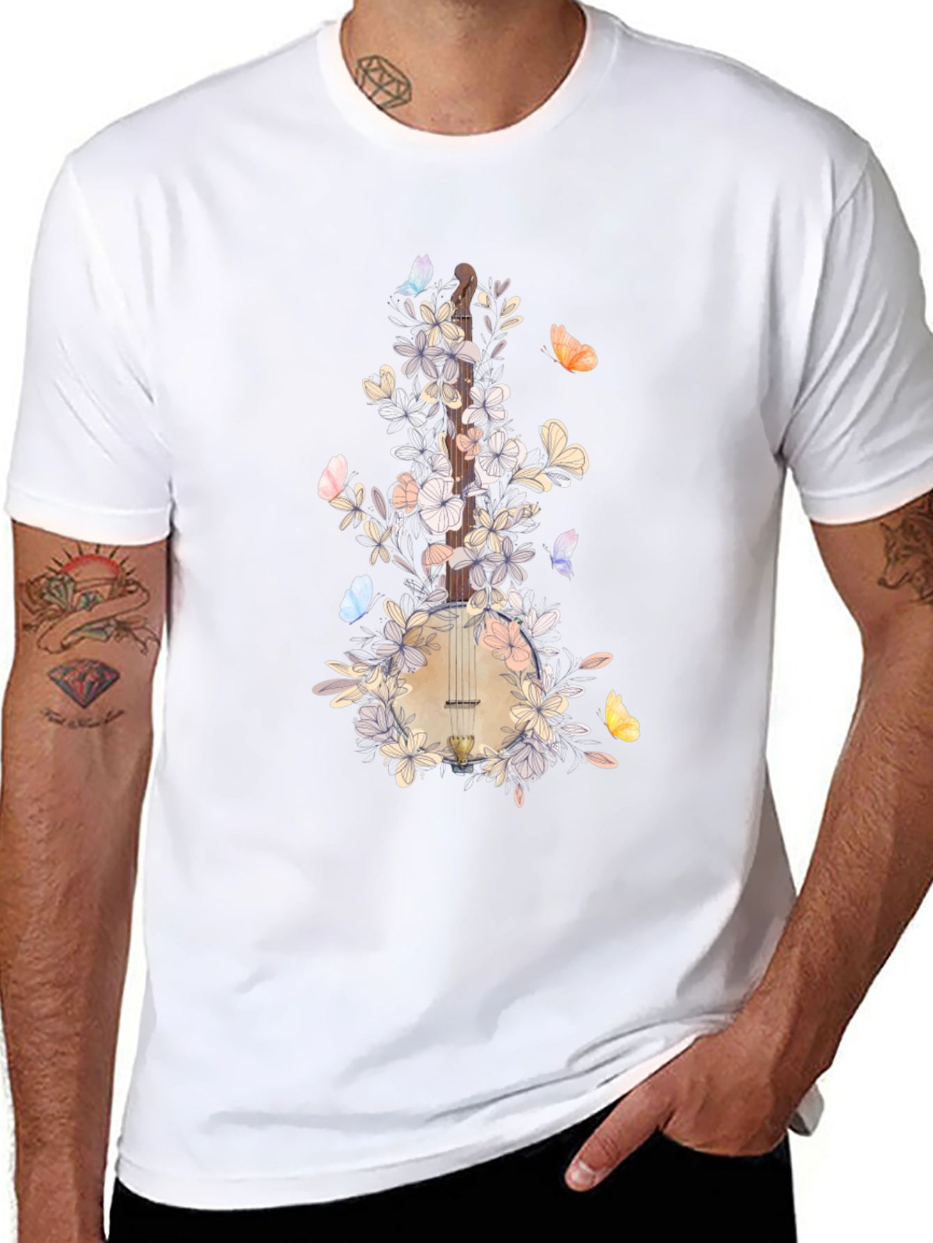 Floral Banjo Graphic T-Shirt - Music Lover Tee
