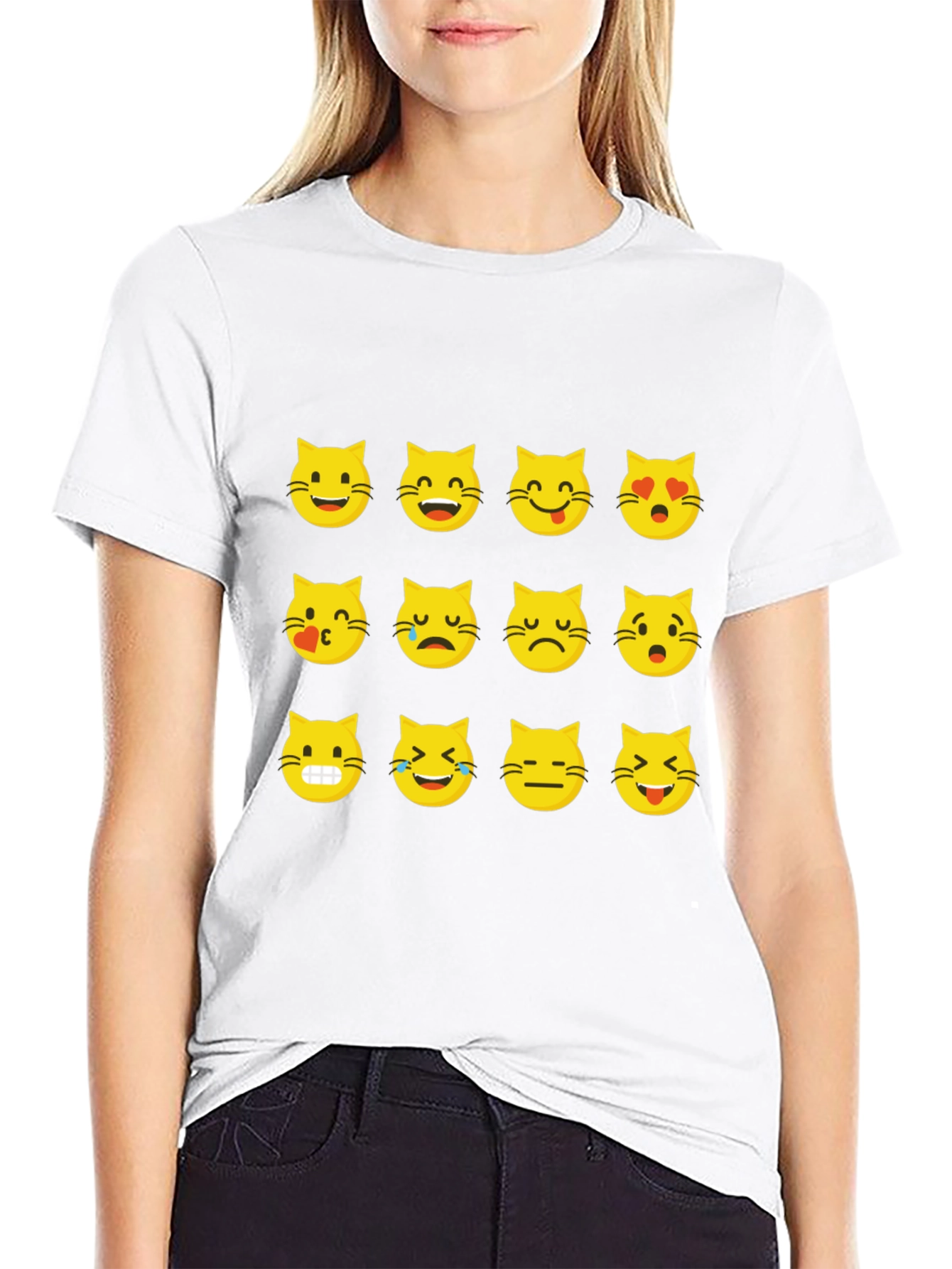 Emoji Cat Face T-Shirt - Black