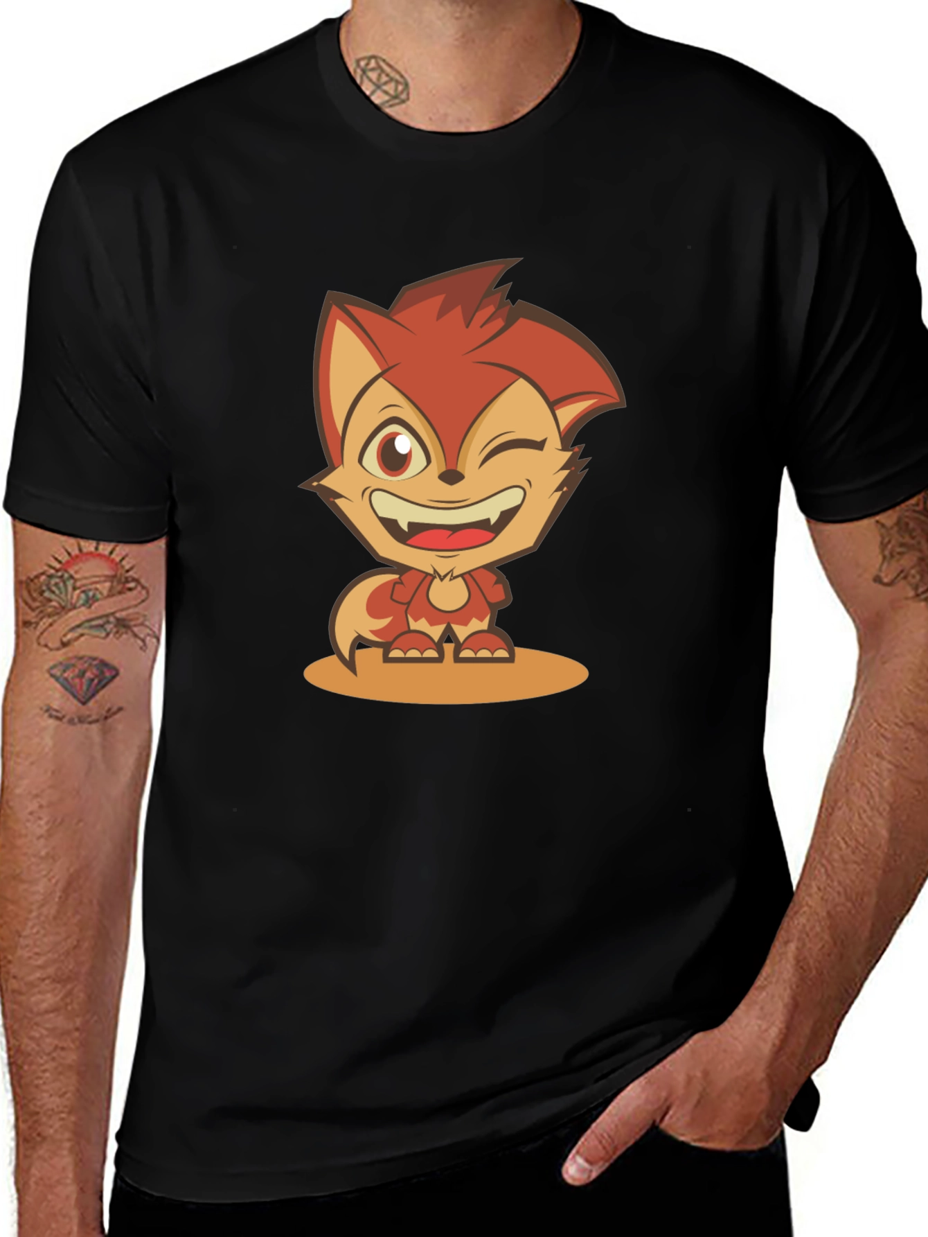 Cartoon Fox Graphic Tee - Black Cotton Blend