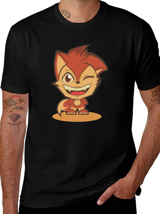 Cartoon Fox Graphic Tee - Black Cotton Blend