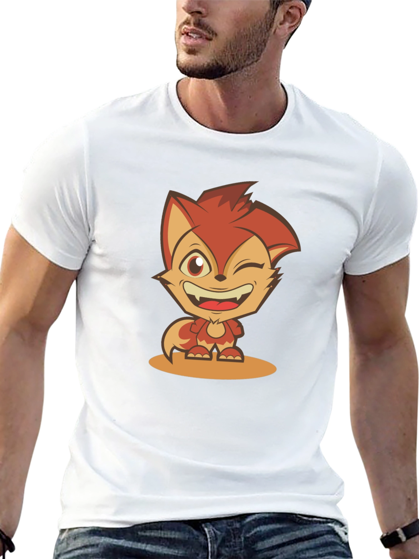 Cartoon Fox Graphic Tee - Black Cotton Blend