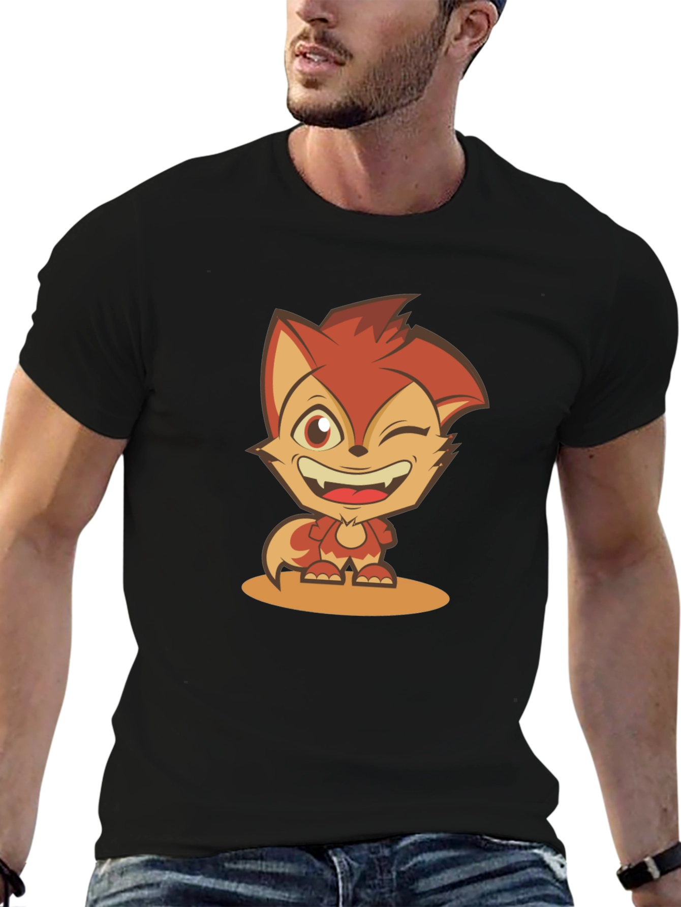 Cartoon Fox Graphic Tee - Black Cotton Blend