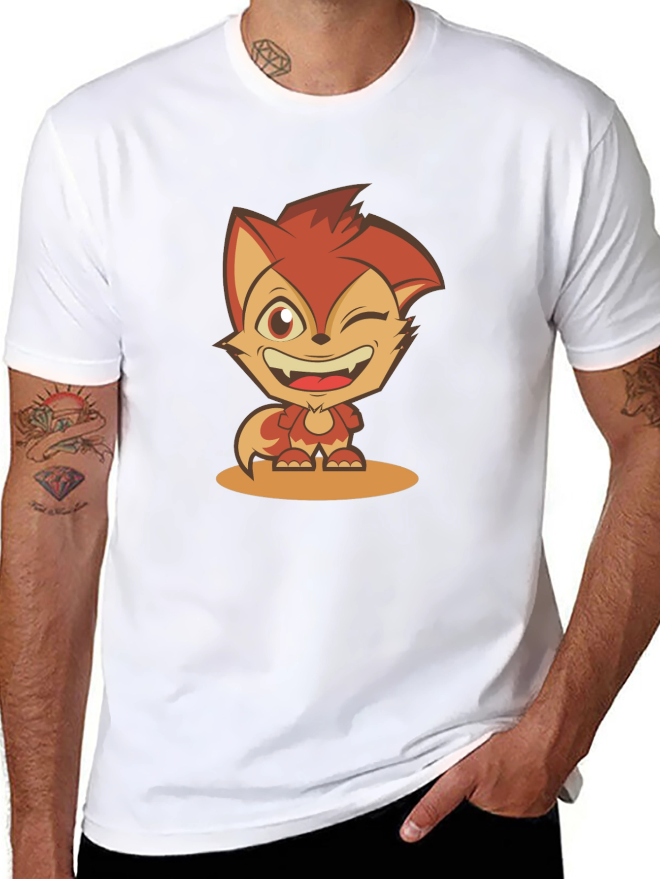Cartoon Fox Graphic Tee - Black Cotton Blend