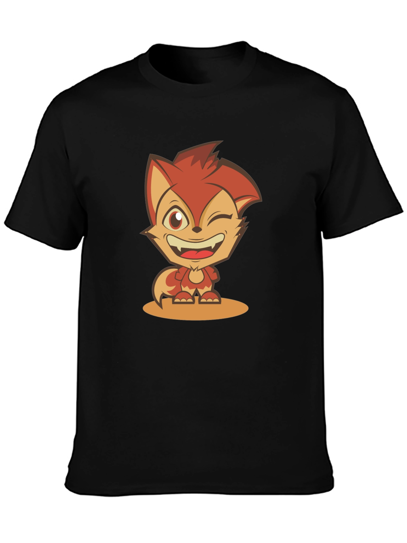 Cartoon Fox Graphic Tee - Black Cotton Blend