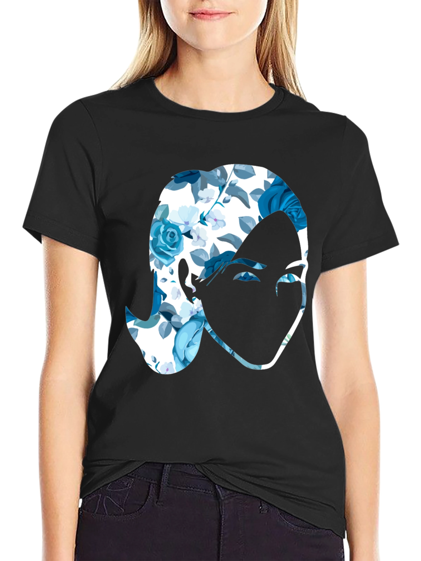 Floral Face Graphic Print Black T-Shirt