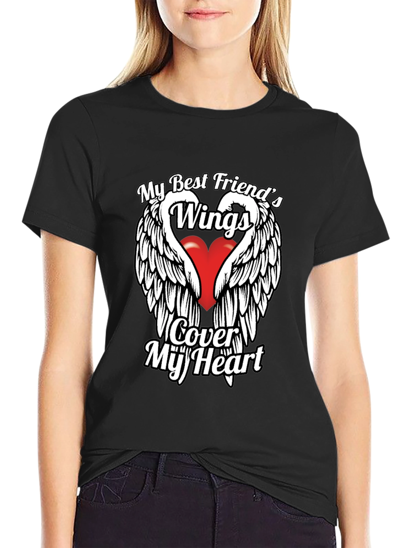 My Best Friends Wings Cover My Heart Black Tee