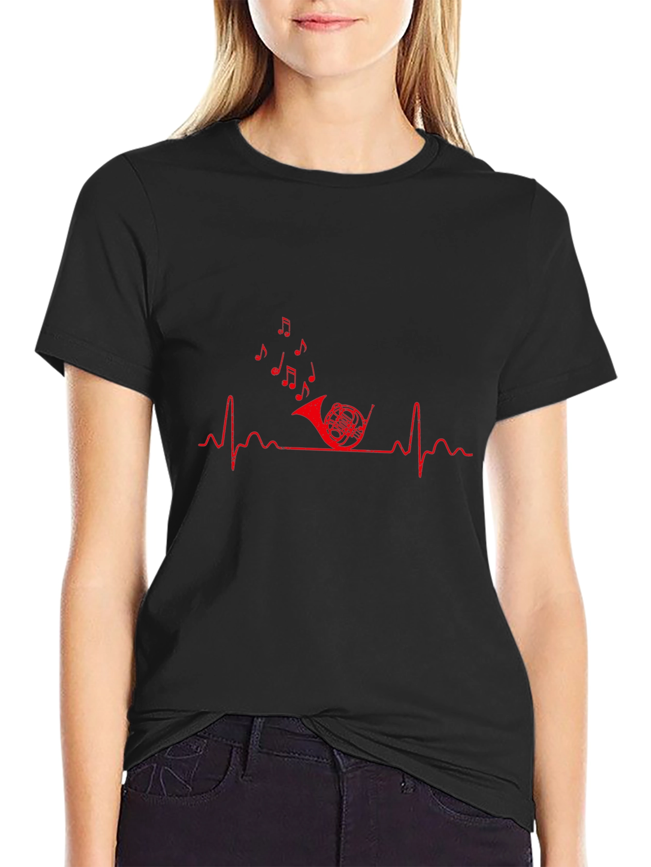 Music Heartbeat French Horn Graphic Tee - Black