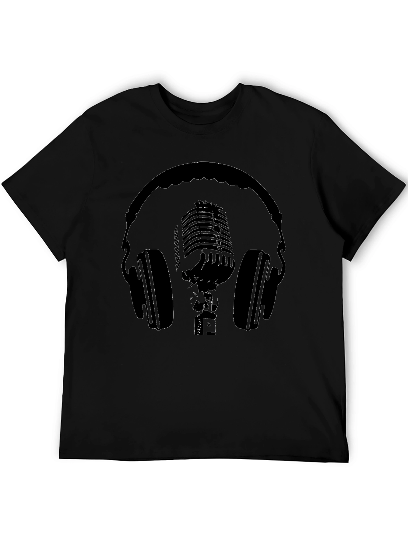Black T-Shirt with Headphones and Microphone Graphic