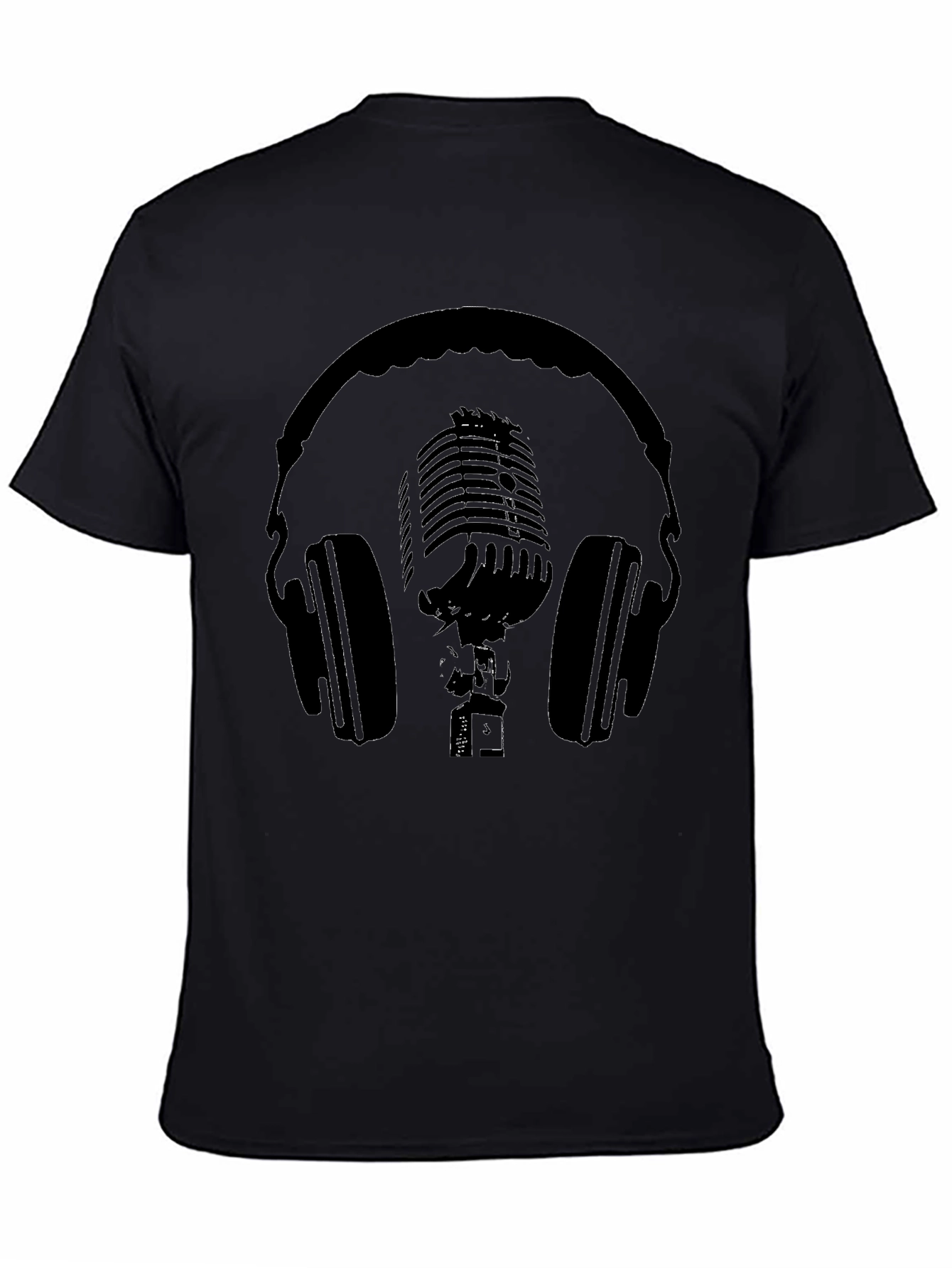 Black T-Shirt with Headphones and Microphone Graphic