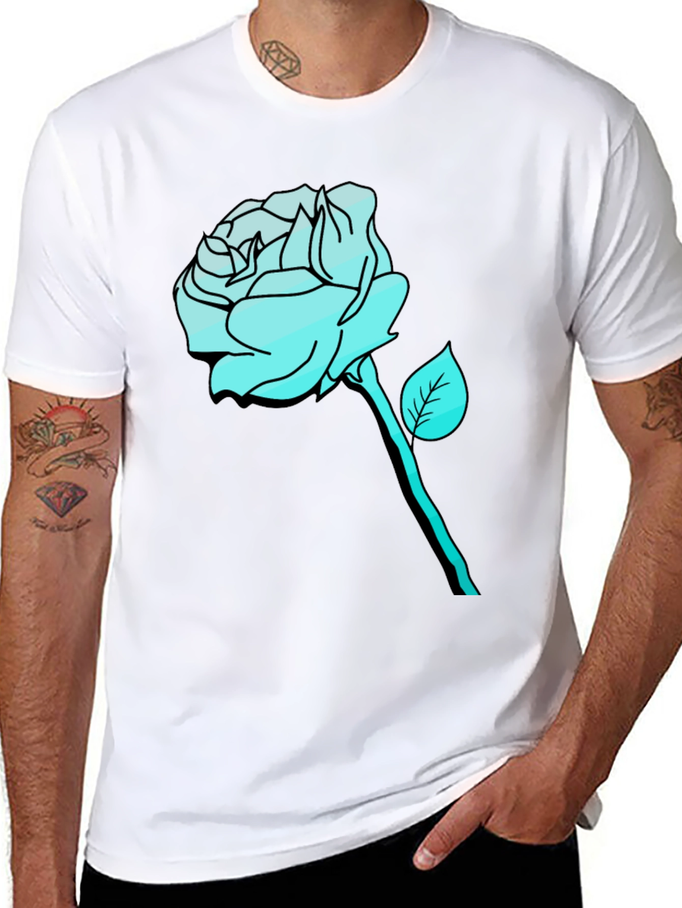 Mens Black T-Shirt with Aqua Rose Graphic