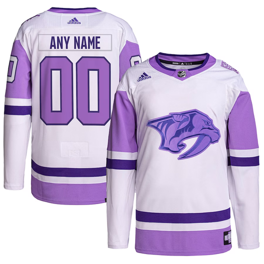 Men's Nashville Predators White/Purple Hockey Fights Cancer Primegreen Authentic Custom Jerseys