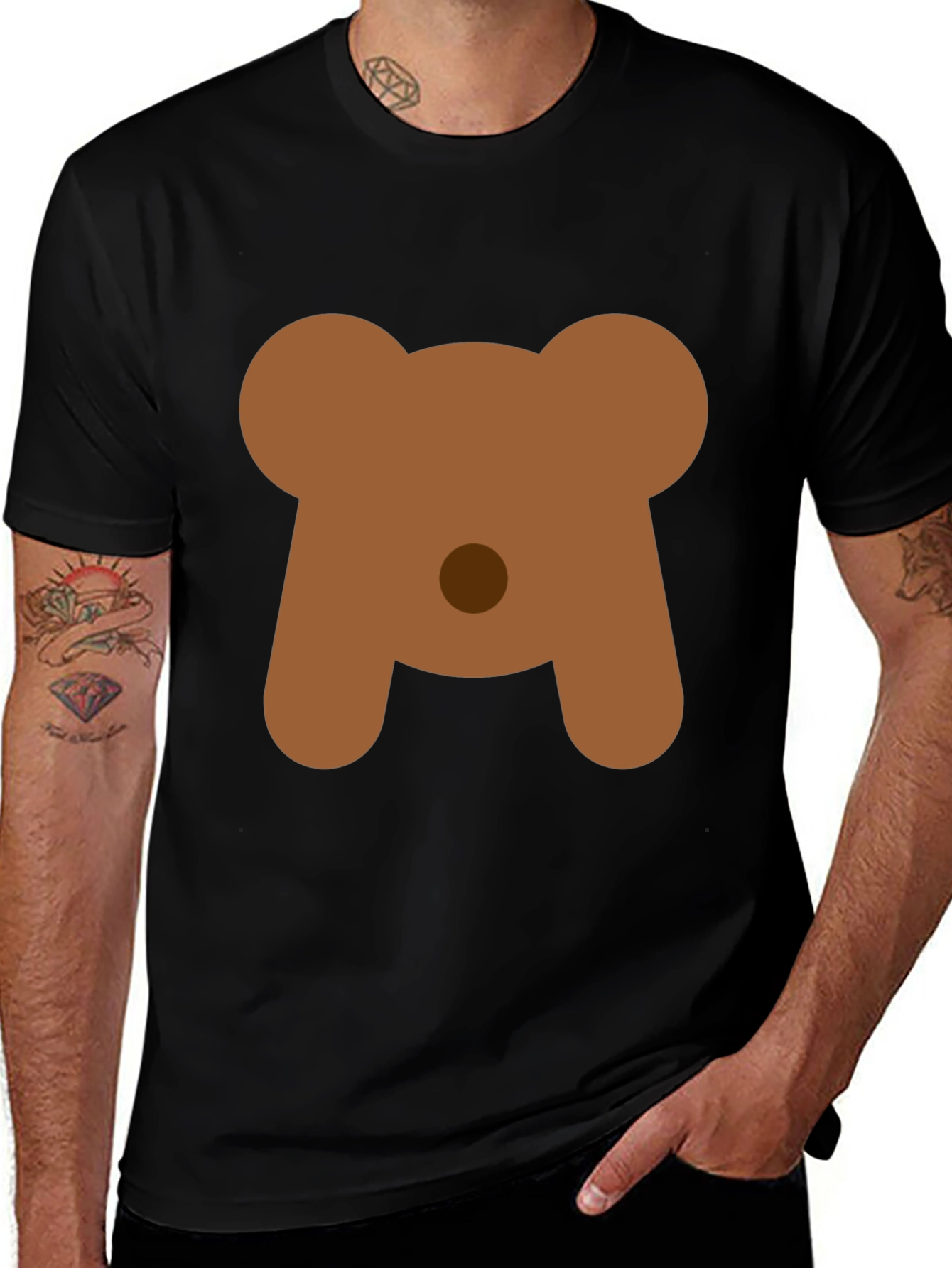 Cute Bear Face Graphic Tee - Black Casual T-Shirt