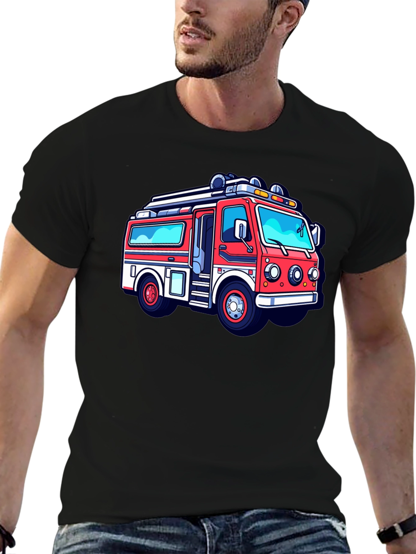 Cartoon Firetruck Graphic Tee - Black