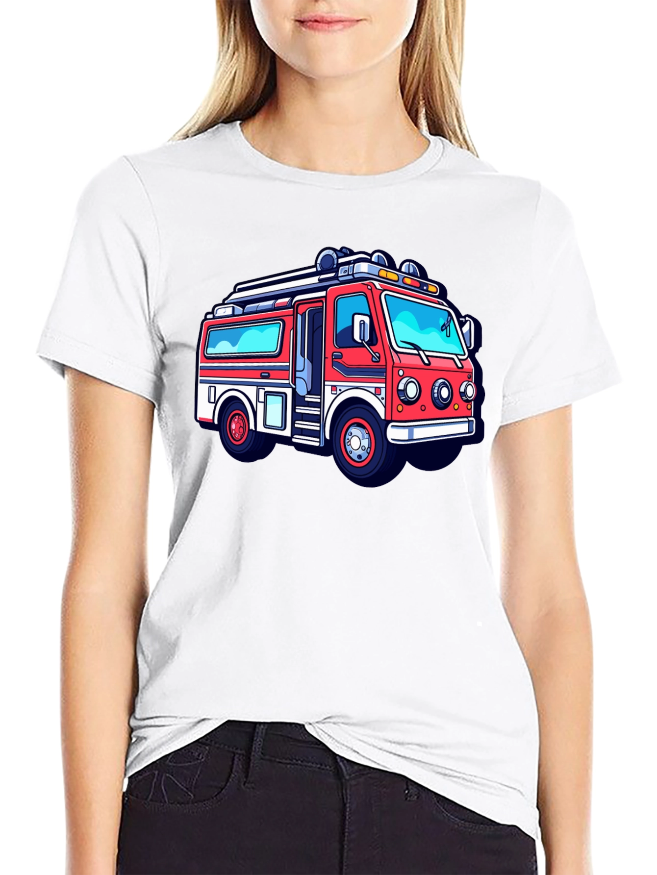 Cartoon Firetruck Graphic Tee - Black