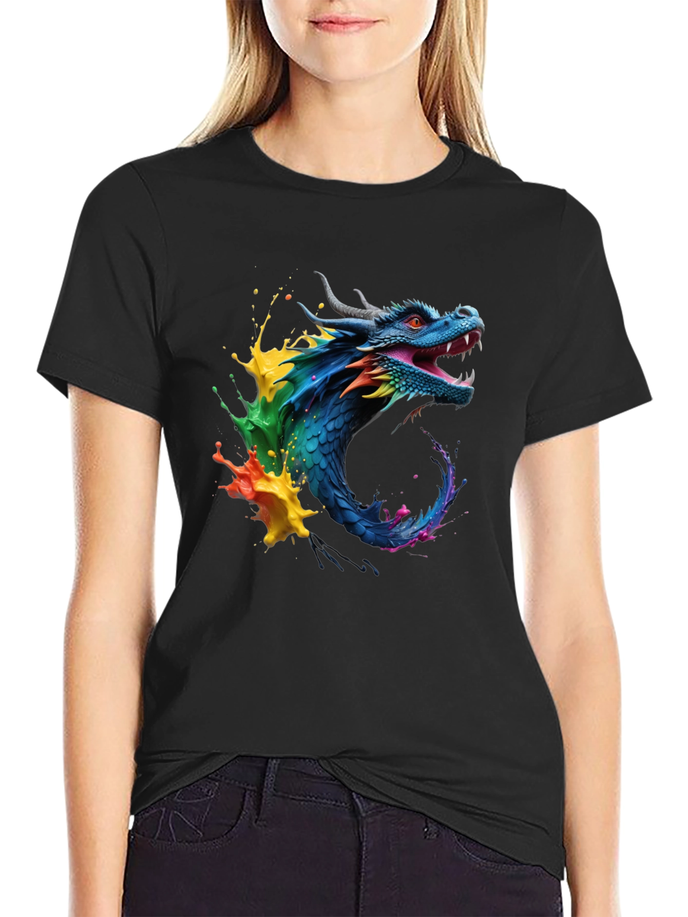Vibrant Dragon Graphic Tee - Black Cotton Blend