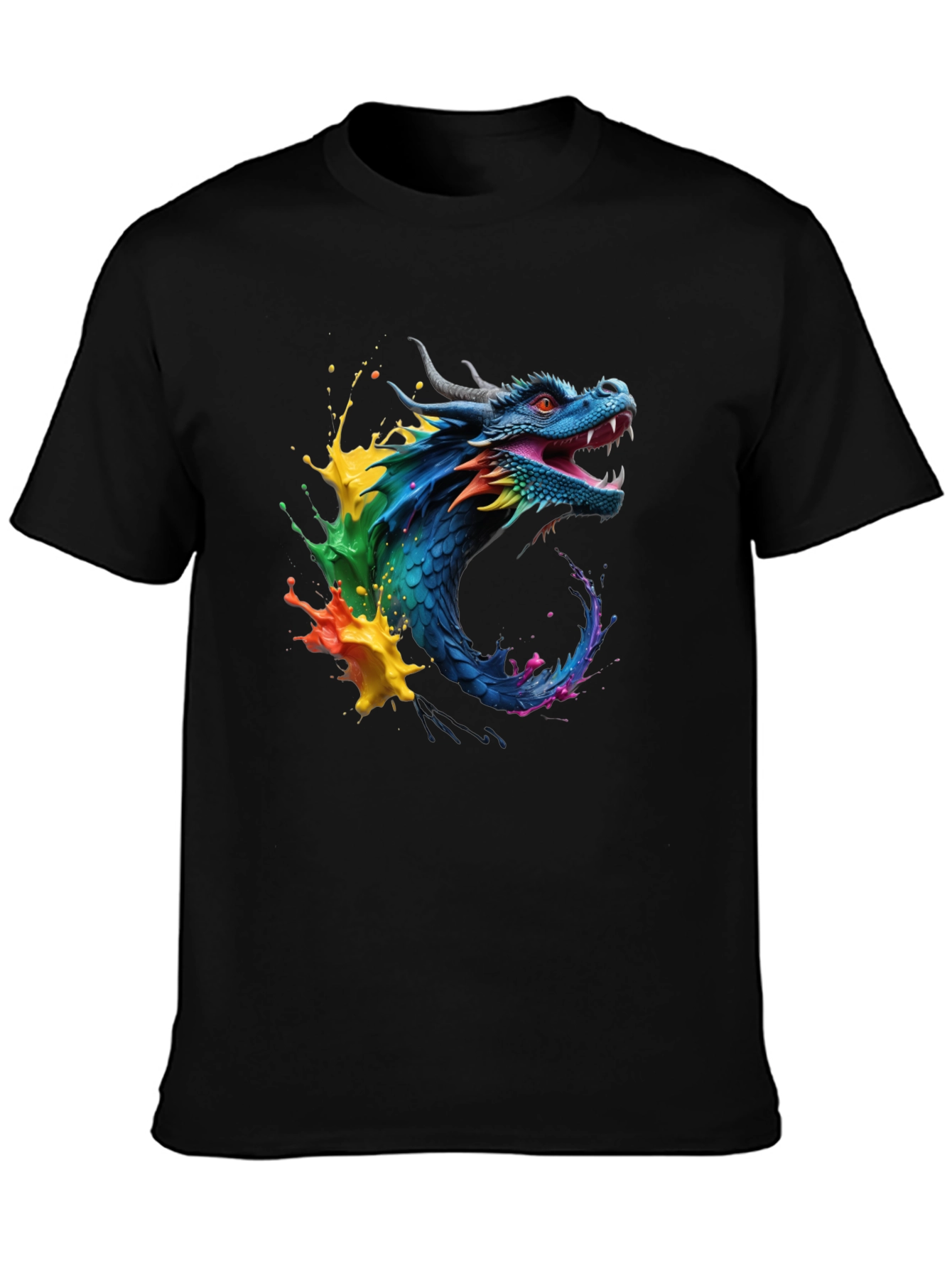 Vibrant Dragon Graphic Tee - Black Cotton Blend