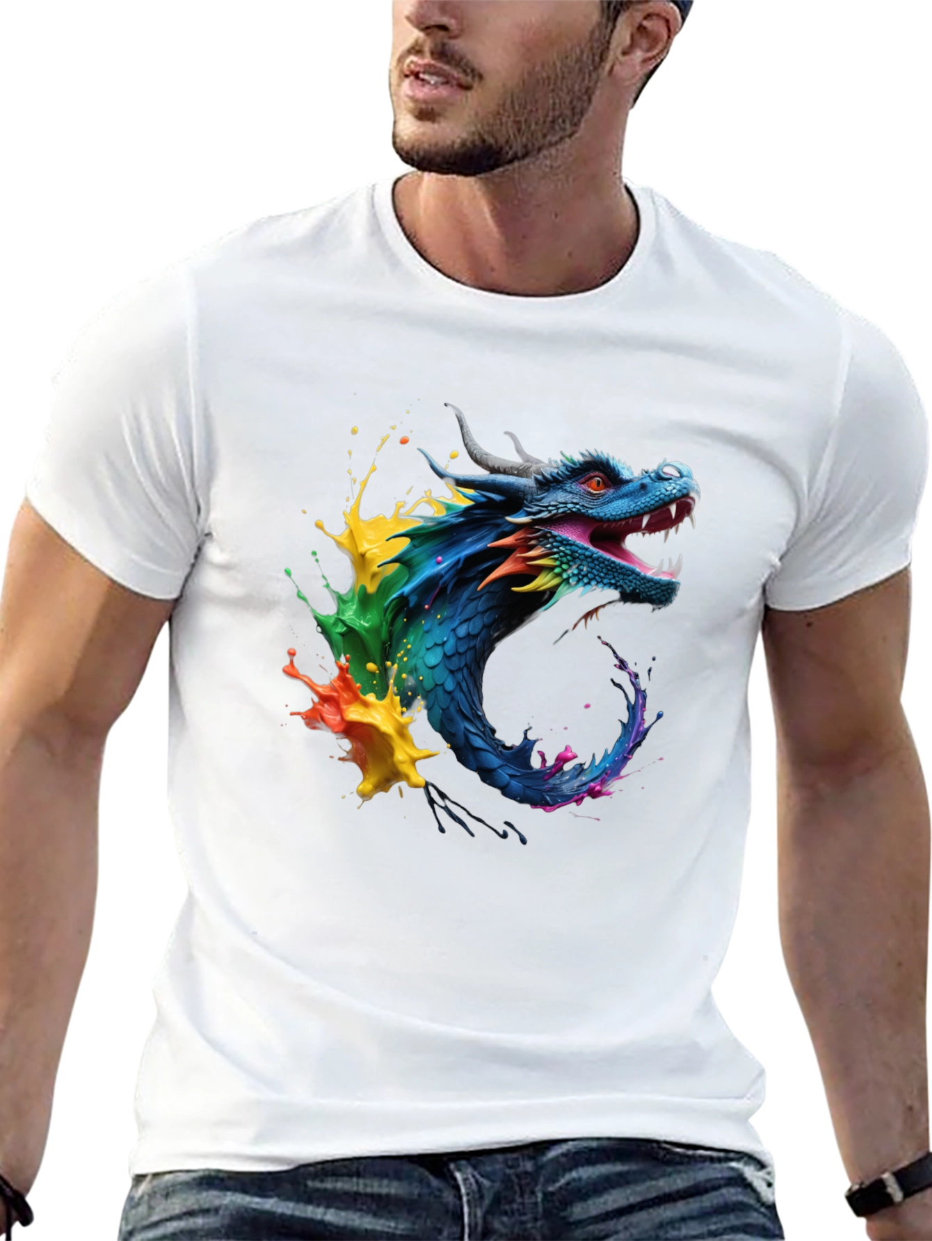 Vibrant Dragon Graphic Tee - Black Cotton Blend