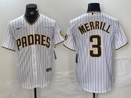 Men's San Diego Padres Jackson Merrill #3 White Home Replica Player Jerseys